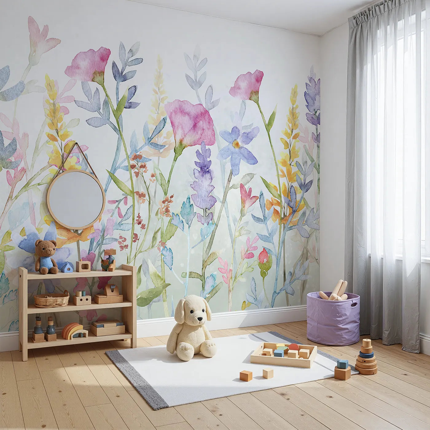 Angled view of Whimsy Tots' Watercolor Wildflower Border Wall Mural in Color (Turn Their Room into a Meadow of Delicate, Painted Flowers).Gender-Neutral