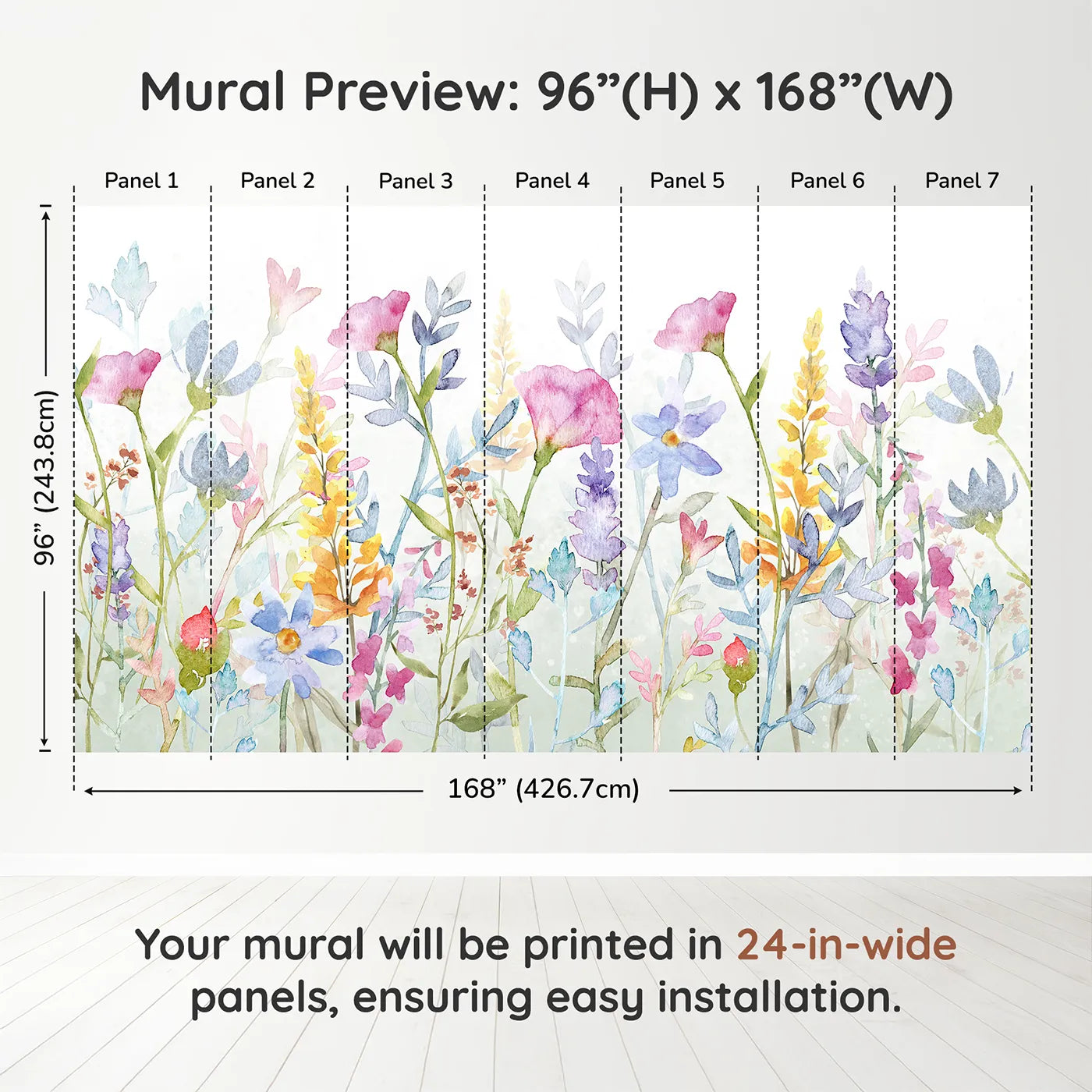 Whimsy Tots Watercolor Wildflower Border Wall Mural in Colordimension view (96" H x 168" W). Printed in seven 24-inch-wide panels. Gender-Neutral