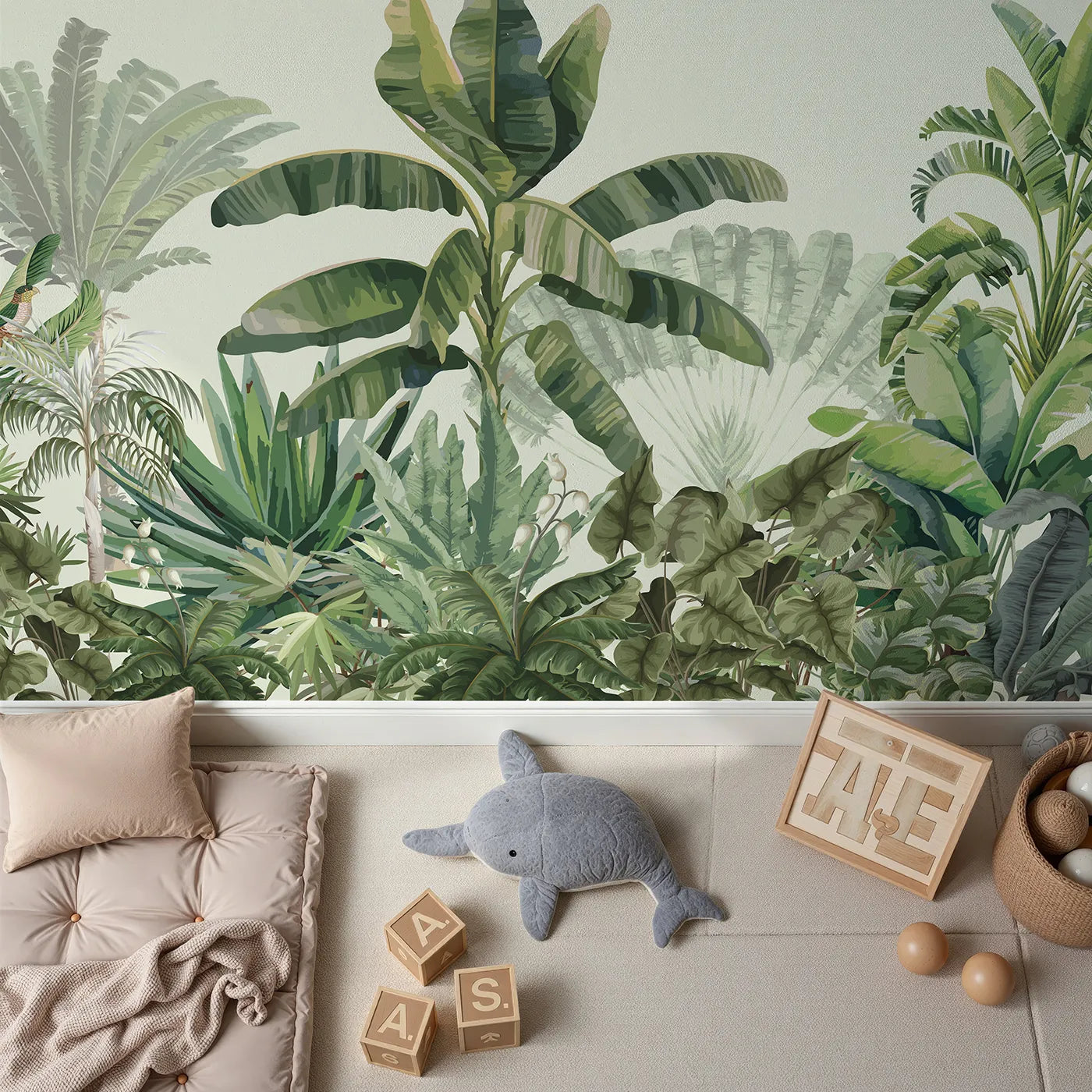 Top-down view of Whimsy Tots' Tropical Jungle Panorama Wall Mural in Green (Turn Their Room into a Lush, Ethereal Rainforest).Gender-Neutral