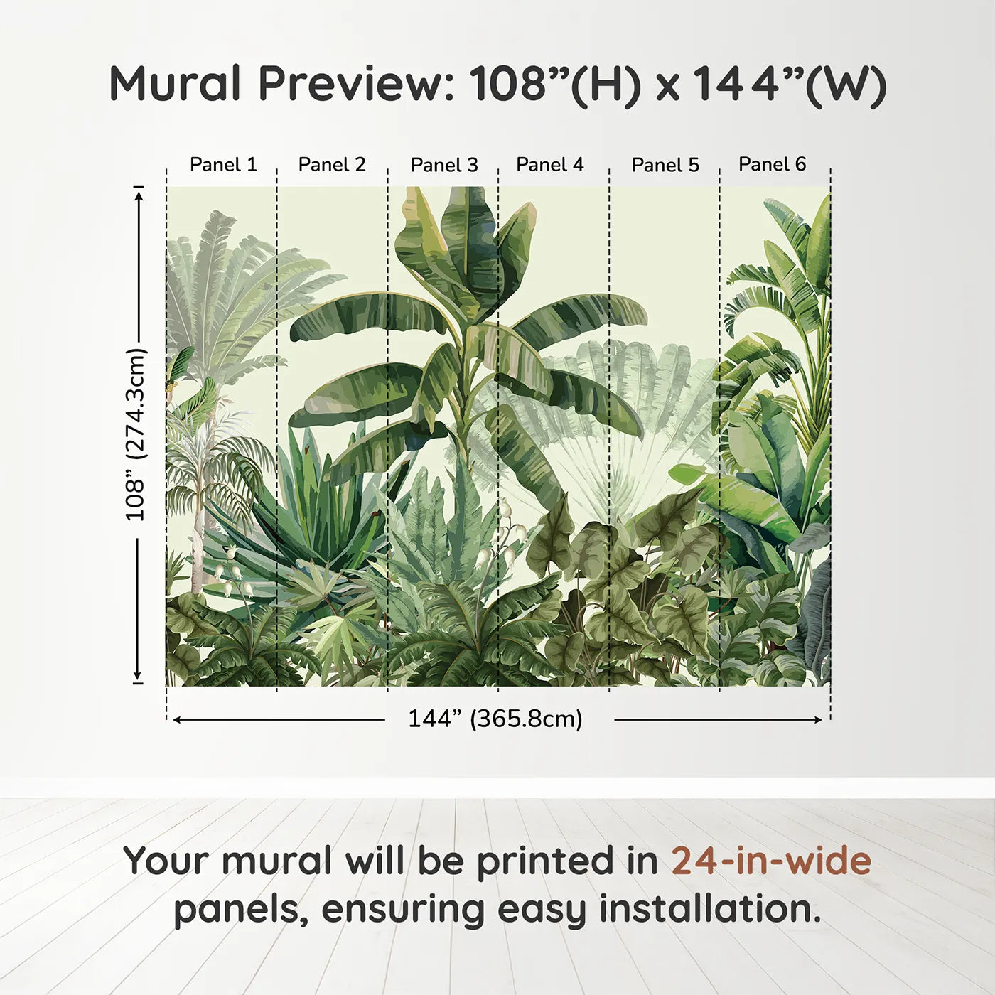 Whimsy Tots Tropical Jungle Panorama Wall Mural in Greendimension view (108" H x 144" W). Printed in six 24-inch-wide panels. Gender-Neutral