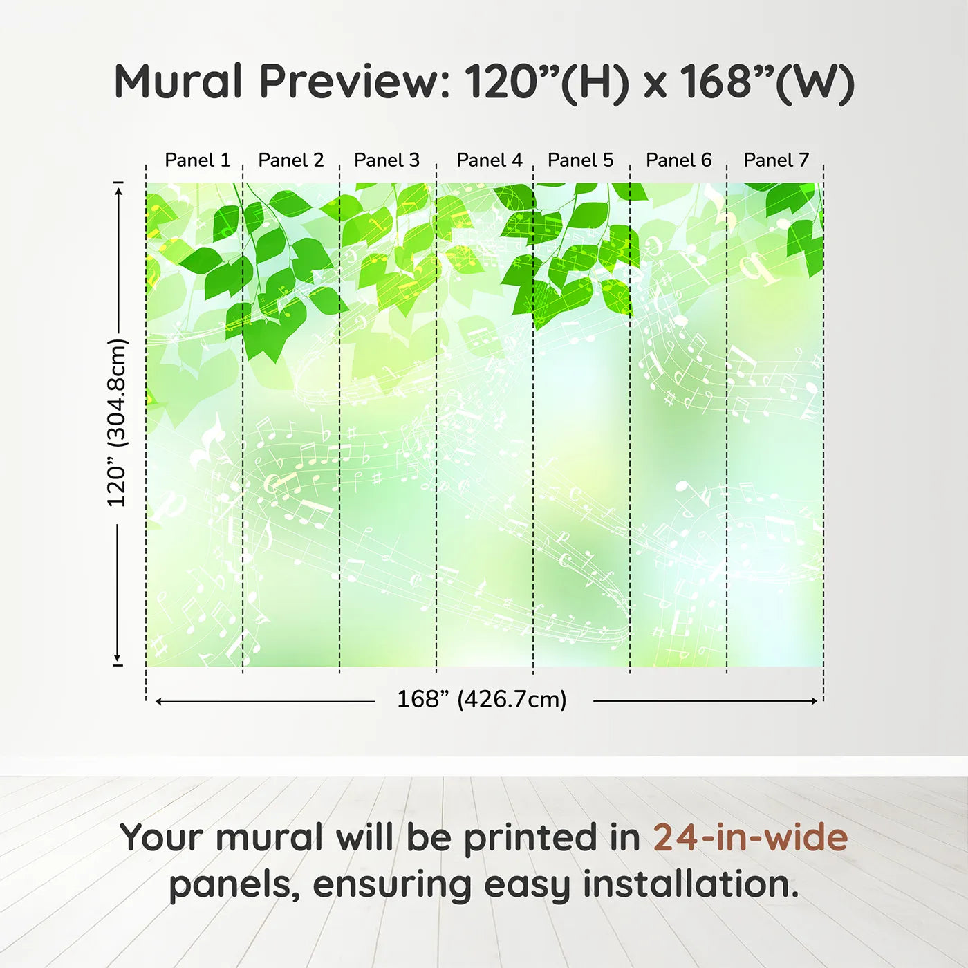 Whimsy Tots Green Leaf Music Wall Muraldimension view (120" H x 168" W). Printed in seven 24-inch-wide panels. Gender-Neutral