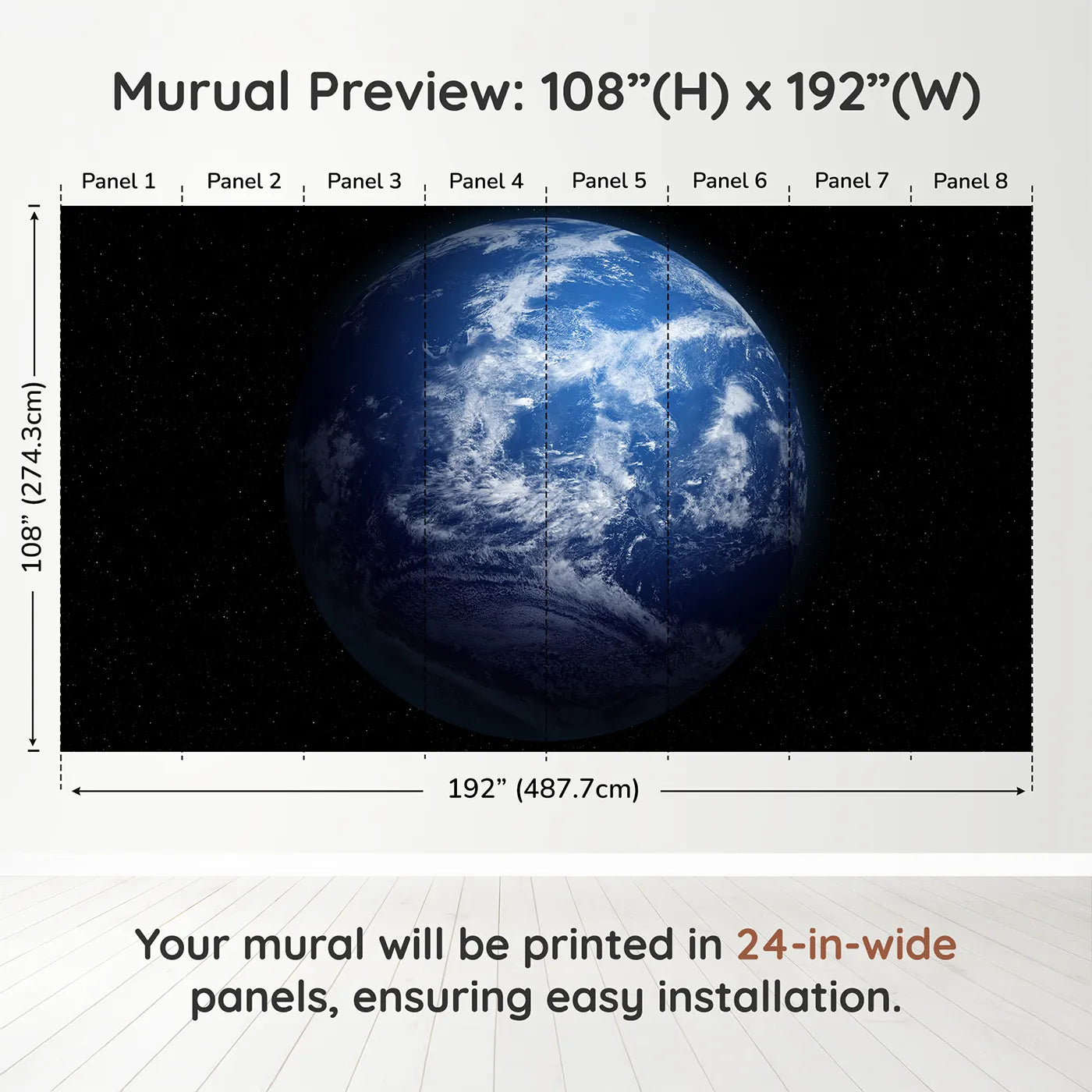 Whimsy Tots Planet Earth Wall Muraldimension view (108" H x 192" W). Printed in eight 24-inch-wide panels. Gender-Neutral