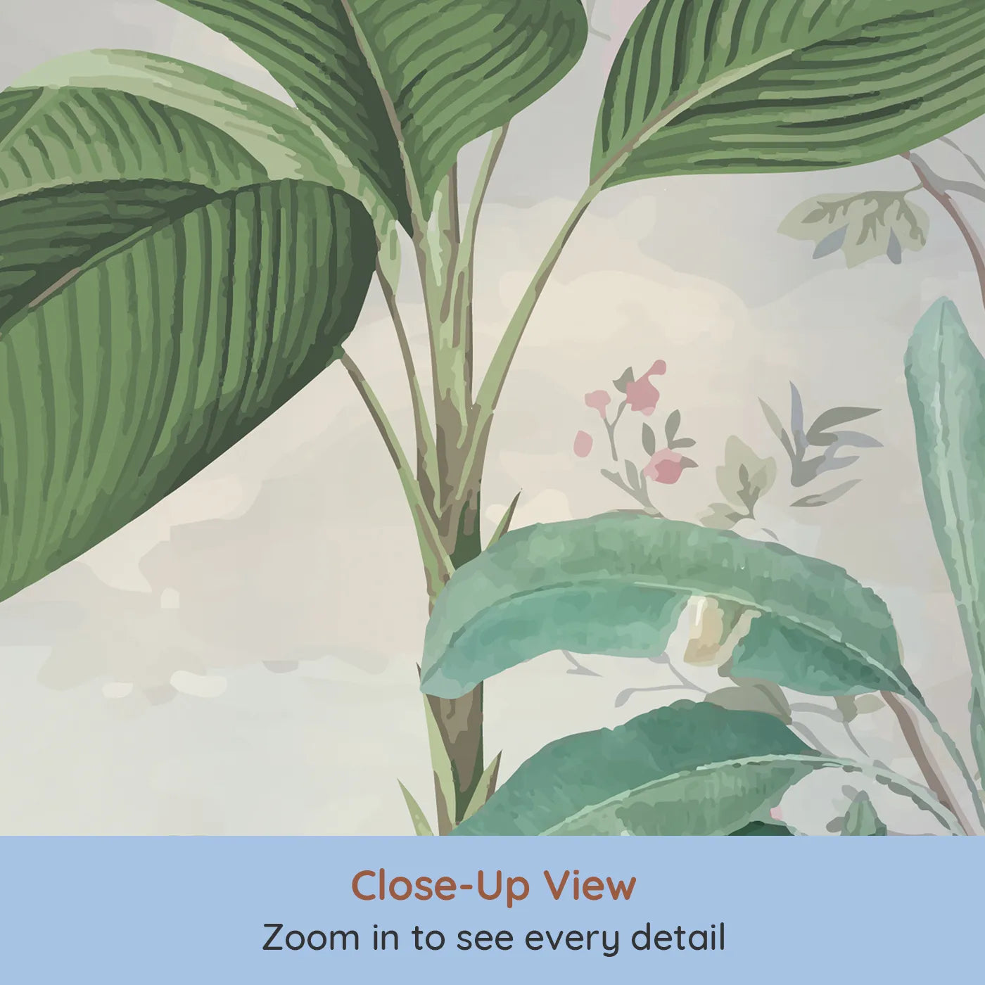 Close-up view of Whimsy Tots' Tropical Bird Garden Wall Mural in Green (Turn Their Room into a Lush, Hand-Painted Paradise).Gender-Neutral
