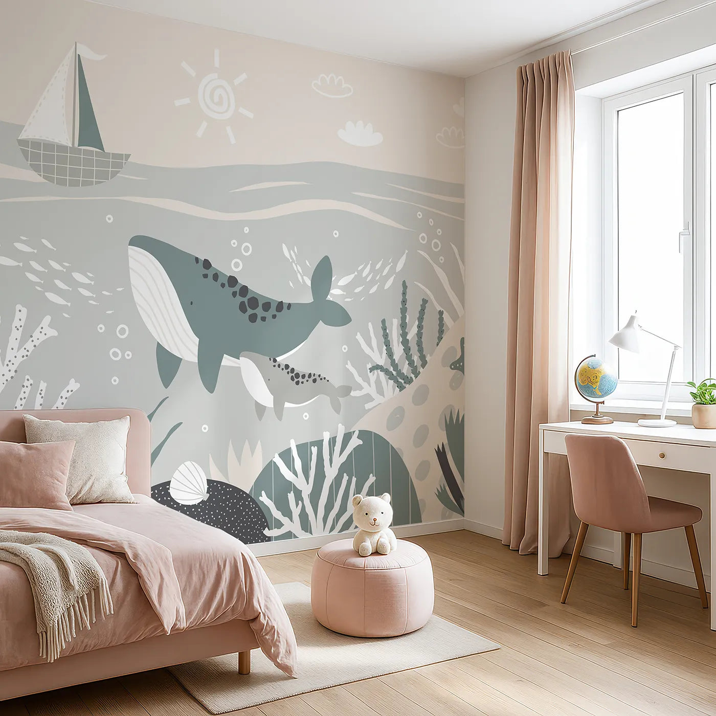 Angled view of Whimsy Tots' Whale and Sailboat Wall Mural (Turn Their Room into a Gentle, Scandinavian Seascape).Gender-Neutral