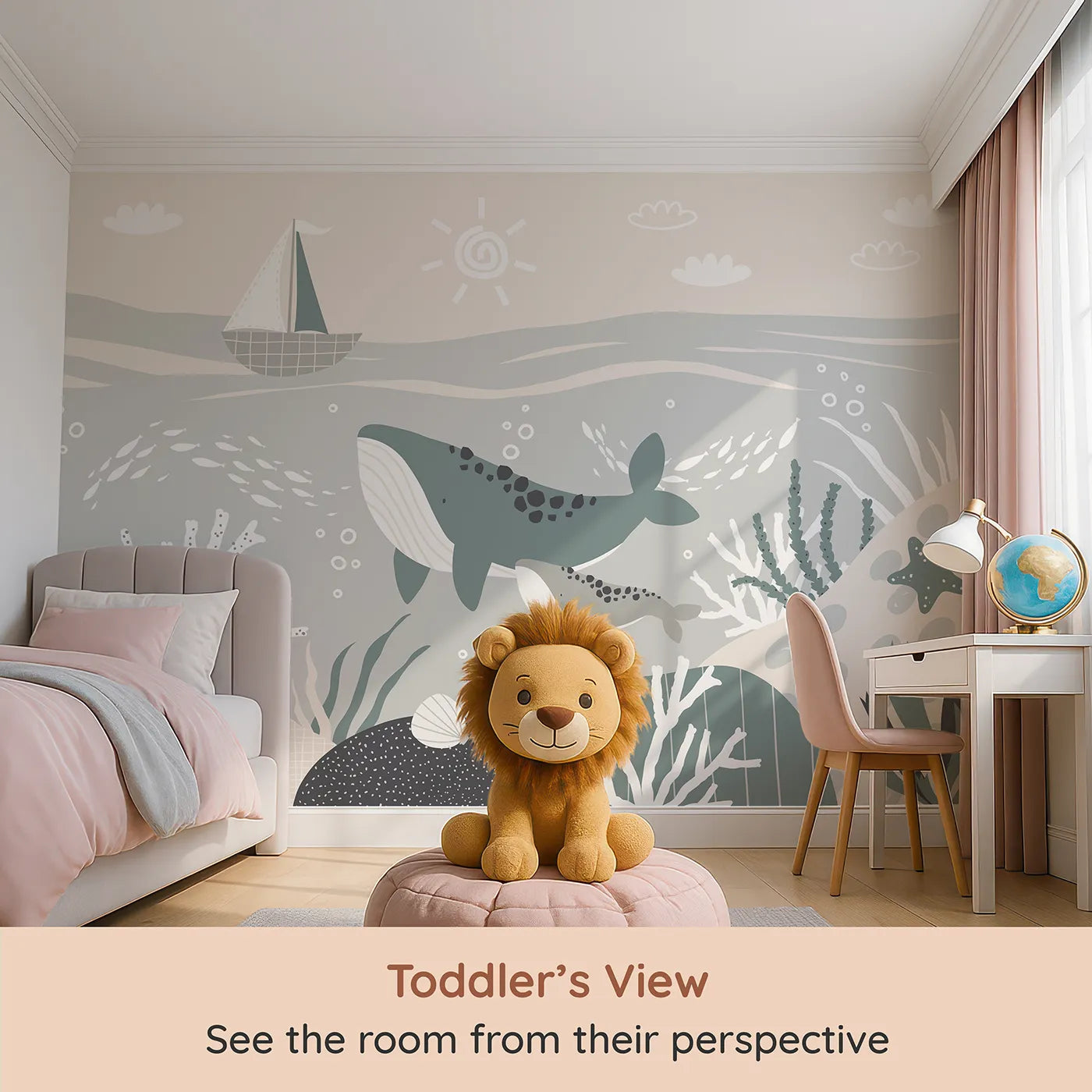Whimsy Tots Whale and Sailboat Wall Mural (Turn Their Room into a Gentle, Scandinavian Seascape) from your child's view.Gender-Neutral