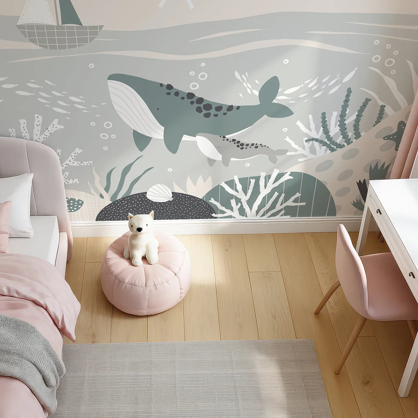 Top-down view of Whimsy Tots' Whale and Sailboat Wall Mural (Turn Their Room into a Gentle, Scandinavian Seascape).Gender-Neutral