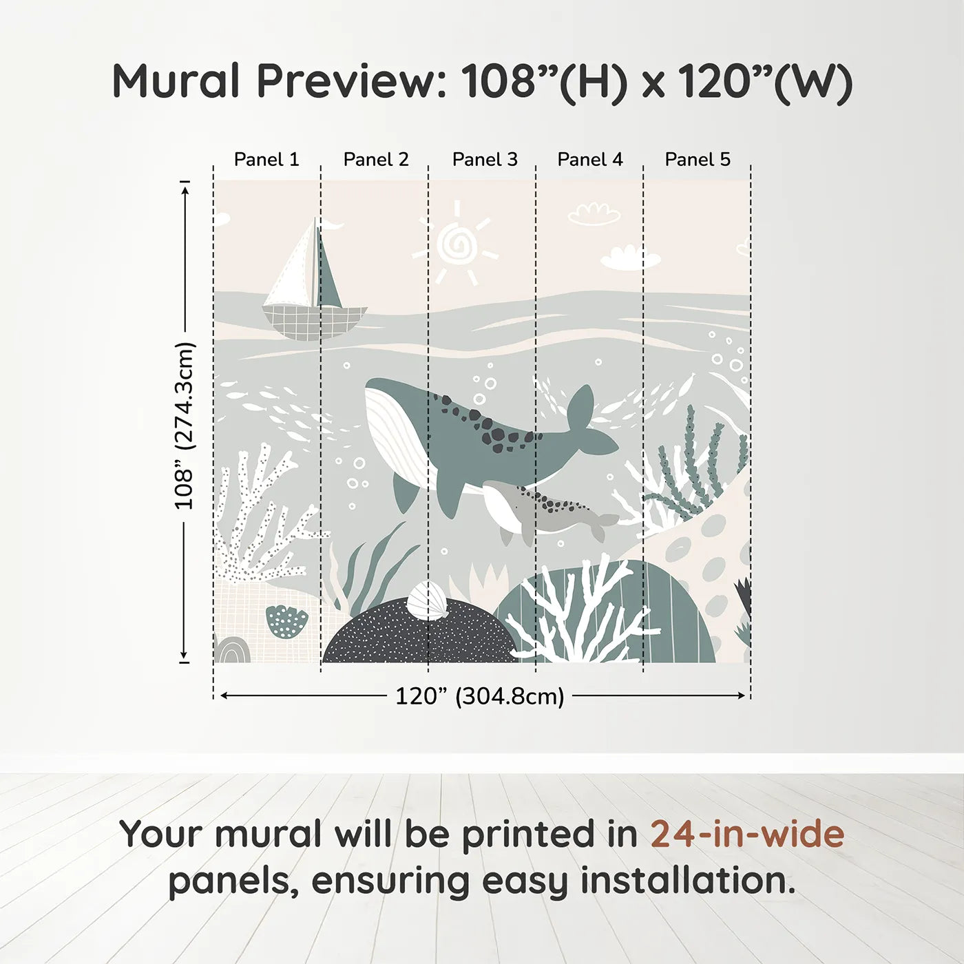 Whimsy Tots Whale and Sailboat Wall Muraldimension view (108" H x 120" W). Printed in five 24-inch-wide panels. Gender-Neutral