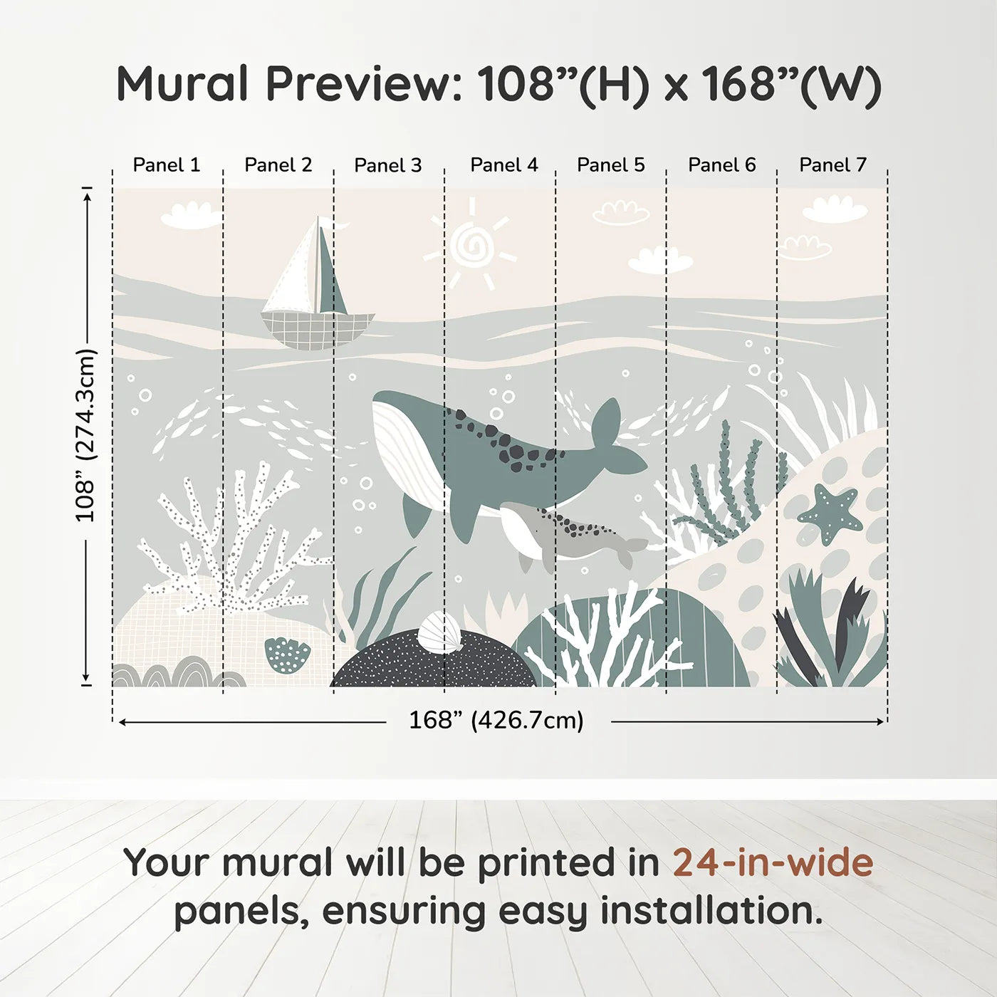 Whimsy Tots Whale and Sailboat Wall Muraldimension view (108" H x 168" W). Printed in seven 24-inch-wide panels. Gender-Neutral