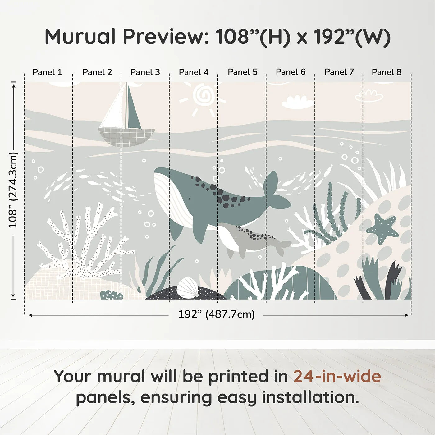 Whimsy Tots Whale and Sailboat Wall Muraldimension view (108" H x 192" W). Printed in eight 24-inch-wide panels. Gender-Neutral