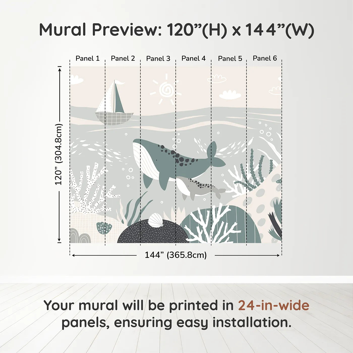 Whimsy Tots Whale and Sailboat Wall Muraldimension view (120" H x 144" W). Printed in six 24-inch-wide panels. Gender-Neutral