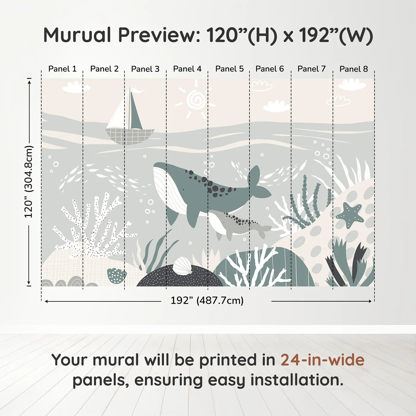 Whimsy Tots Whale and Sailboat Wall Muraldimension view (120" H x 192" W). Printed in eight 24-inch-wide panels. Gender-Neutral