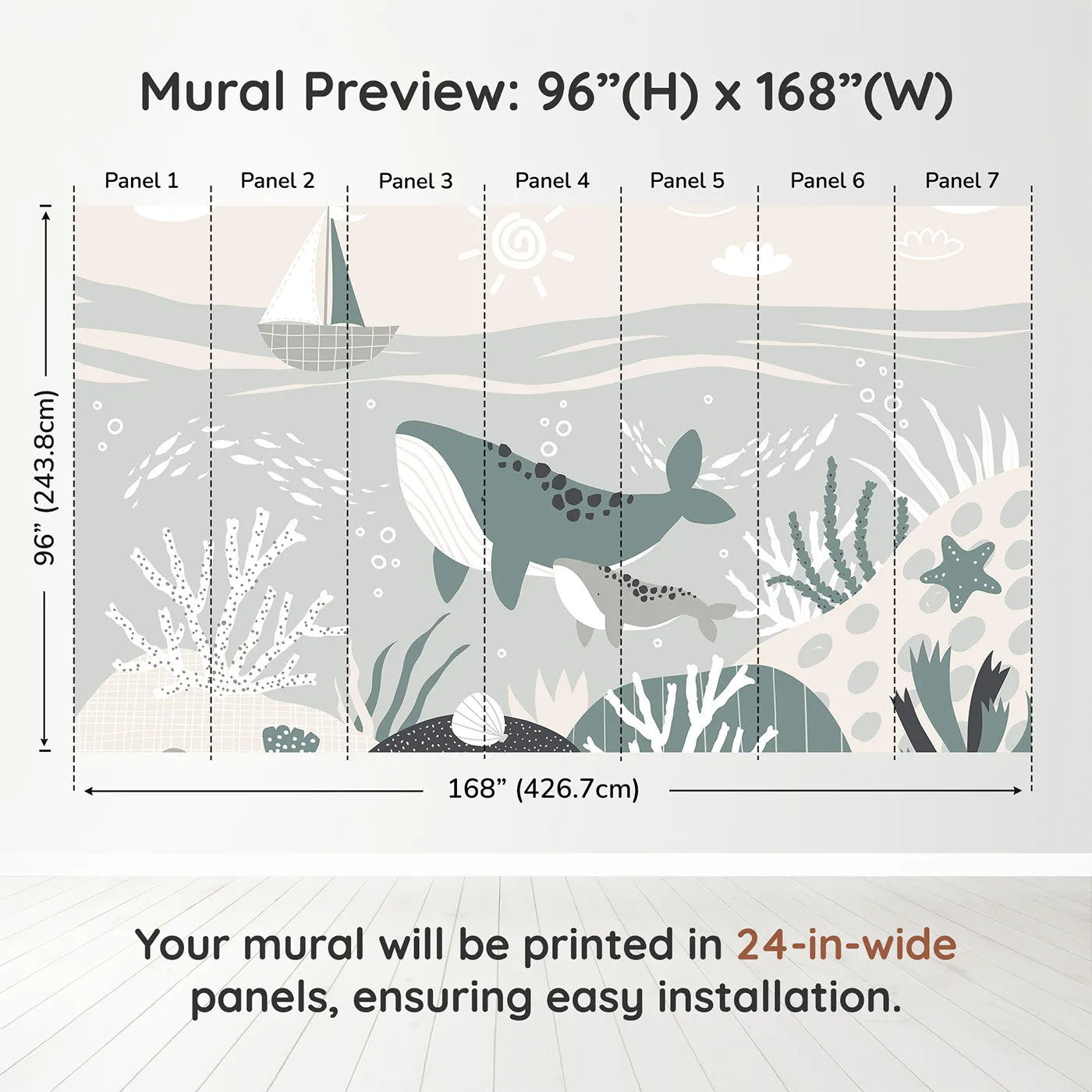 Whimsy Tots Whale and Sailboat Wall Muraldimension view (96" H x 168" W). Printed in seven 24-inch-wide panels. Gender-Neutral