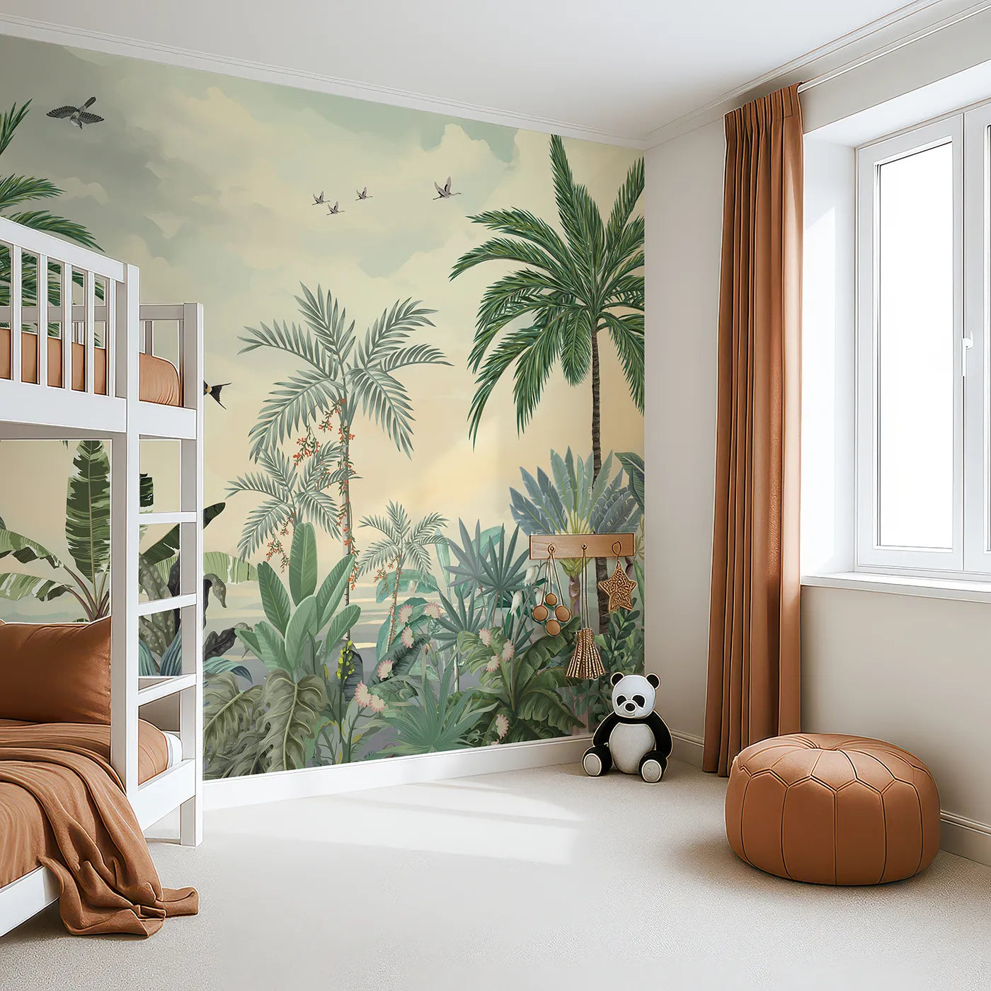Angled view of Whimsy Tots' Sunset Jungle Paradise Wall Mural in Color (Turn Their Room into a Warm and Gentle African Evening).Gender-Neutral