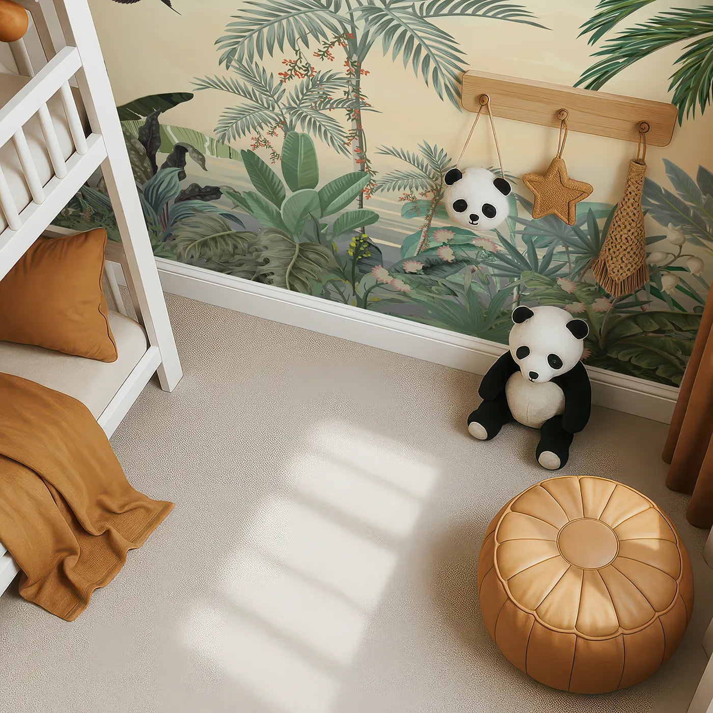 Top-down view of Whimsy Tots' Sunset Jungle Paradise Wall Mural in Color (Turn Their Room into a Warm and Gentle African Evening).Gender-Neutral