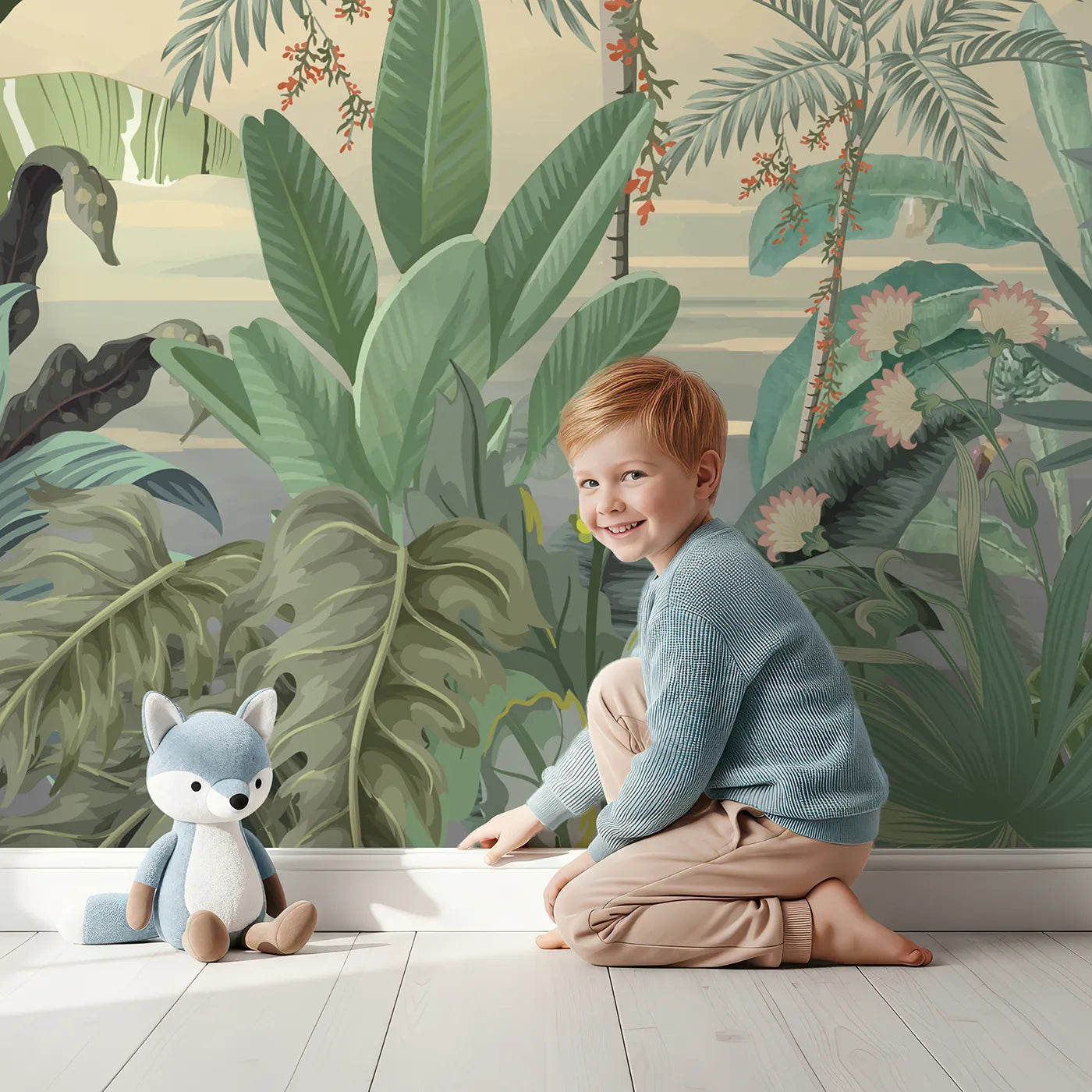 Child in front of Whimsy Tots Sunset Jungle Paradise Wall Mural in Color with safari, jungle, sunset, animal, giraffe, zebra, vintage, tropical in design.