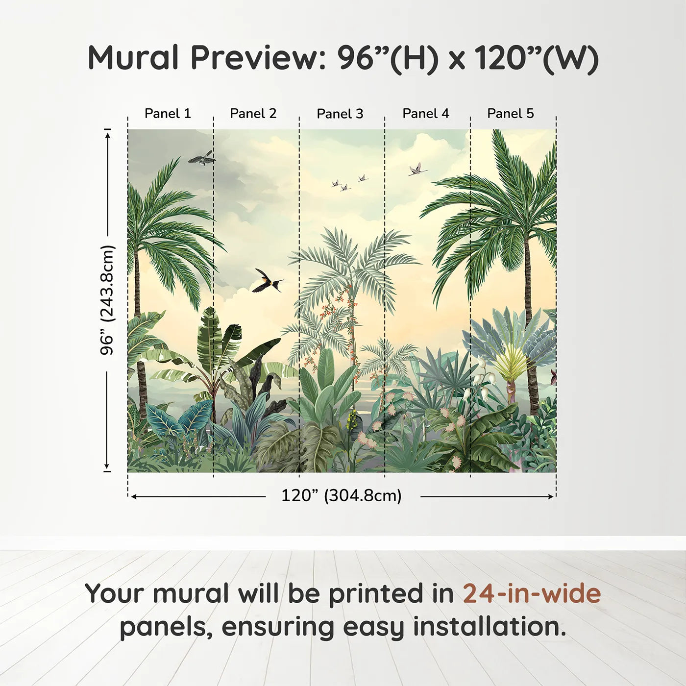 Whimsy Tots Sunset Jungle Paradise Wall Mural in Colordimension view (96" H x 120" W). Printed in five 24-inch-wide panels. Gender-Neutral