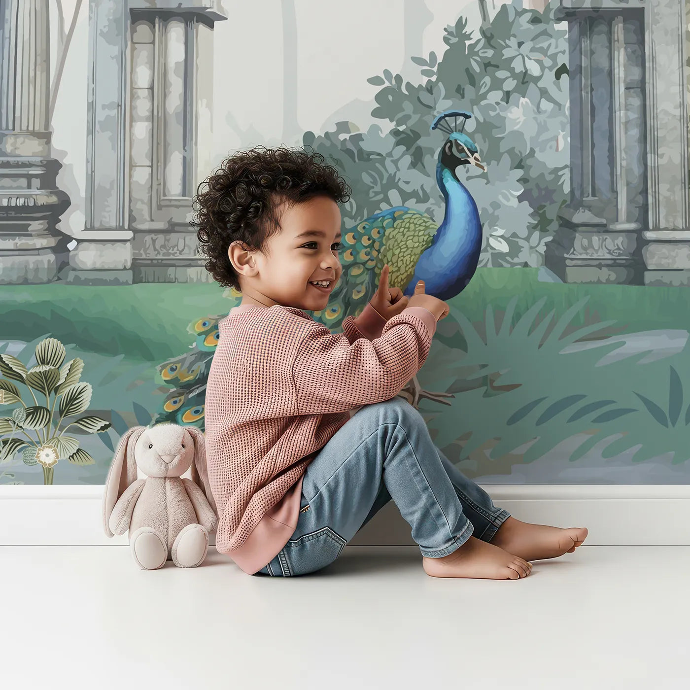 Child in front of Whimsy Tots Peacock Ruins Wall Mural in Color with chinoiserie, vintage, peacock, bird, exotic, tropical, classic, garden in design.