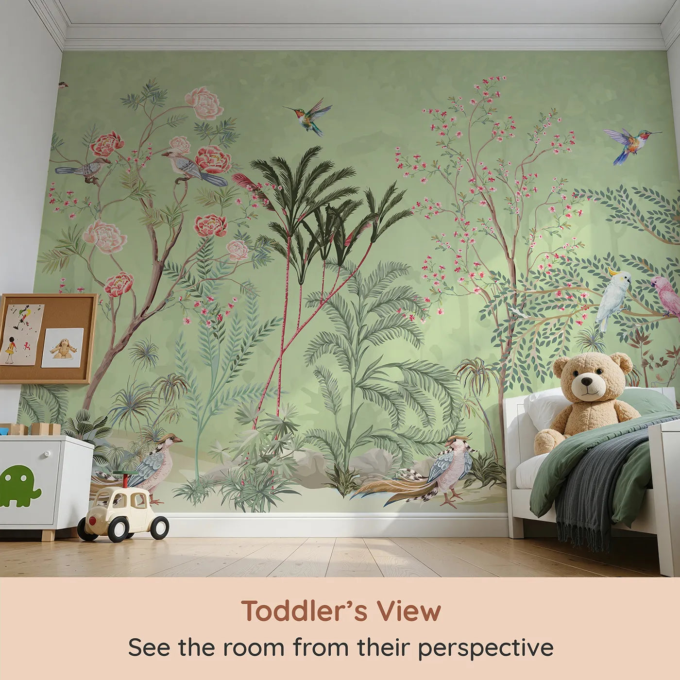 Whimsy Tots Chinoiserie Garden Wall Mural in Green (Turn Their Room into an Elegant, Hand-Painted Paradise) from your child's view.Gender-Neutral