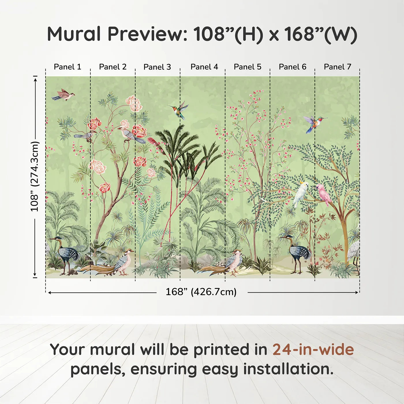 Whimsy Tots Chinoiserie Garden Wall Mural in Greendimension view (108" H x 168" W). Printed in seven 24-inch-wide panels. Gender-Neutral