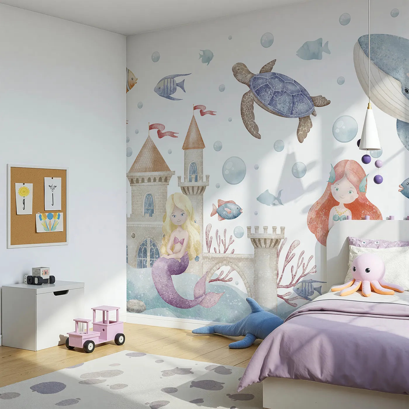 Angled view of Whimsy Tots' Mermaid Kingdom Wall Mural (Turn Their Room into a Magical, Underwater Fairytale).Best for Girls