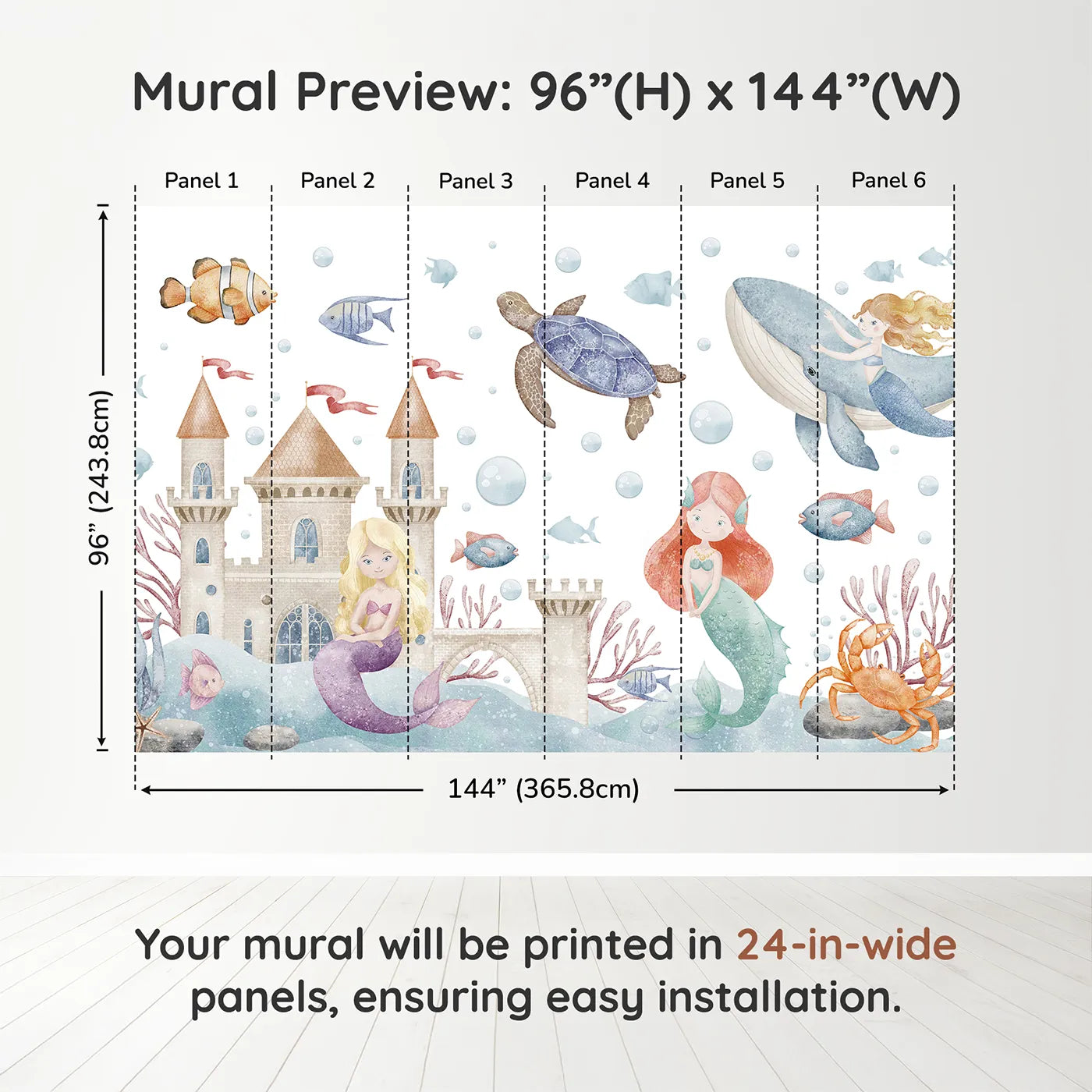 Whimsy Tots Mermaid Kingdom Wall Muraldimension view (96" H x 144" W). Printed in six 24-inch-wide panels. Best for Girls
