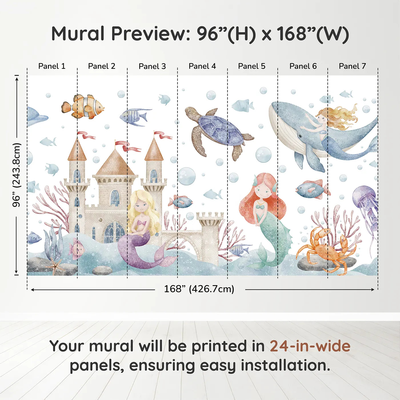 Whimsy Tots Mermaid Kingdom Wall Muraldimension view (96" H x 168" W). Printed in seven 24-inch-wide panels. Best for Girls