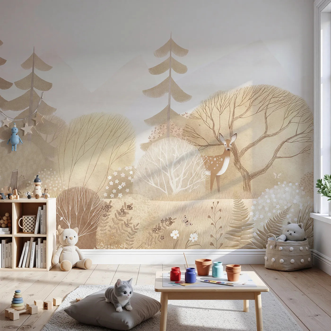 Front view of Whimsy Tots' Sepia Woodland Wall Mural