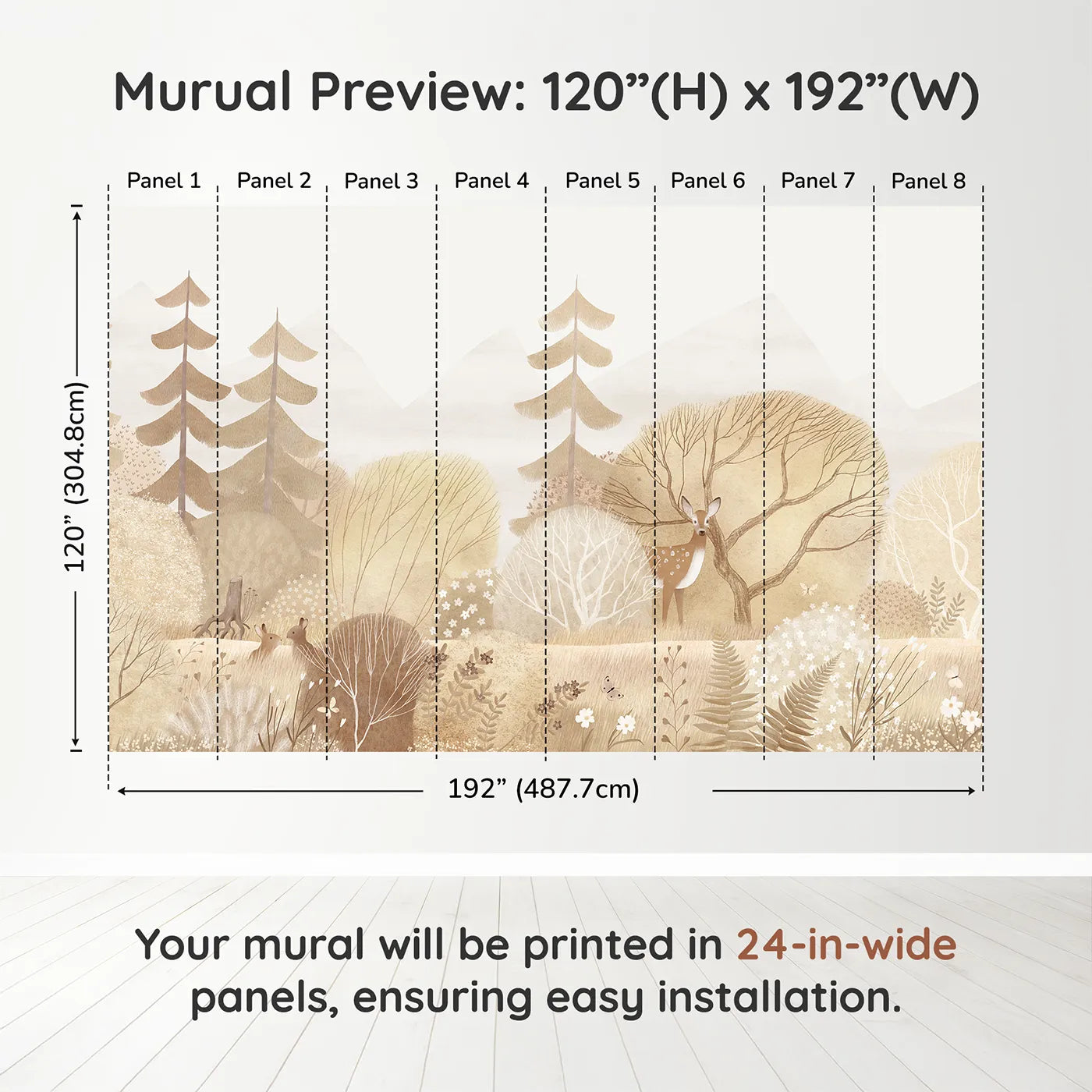 Whimsy Tots Sepia Woodland Wall Muraldimension view (120" H x 192" W). Printed in eight 24-inch-wide panels. Gender-Neutral