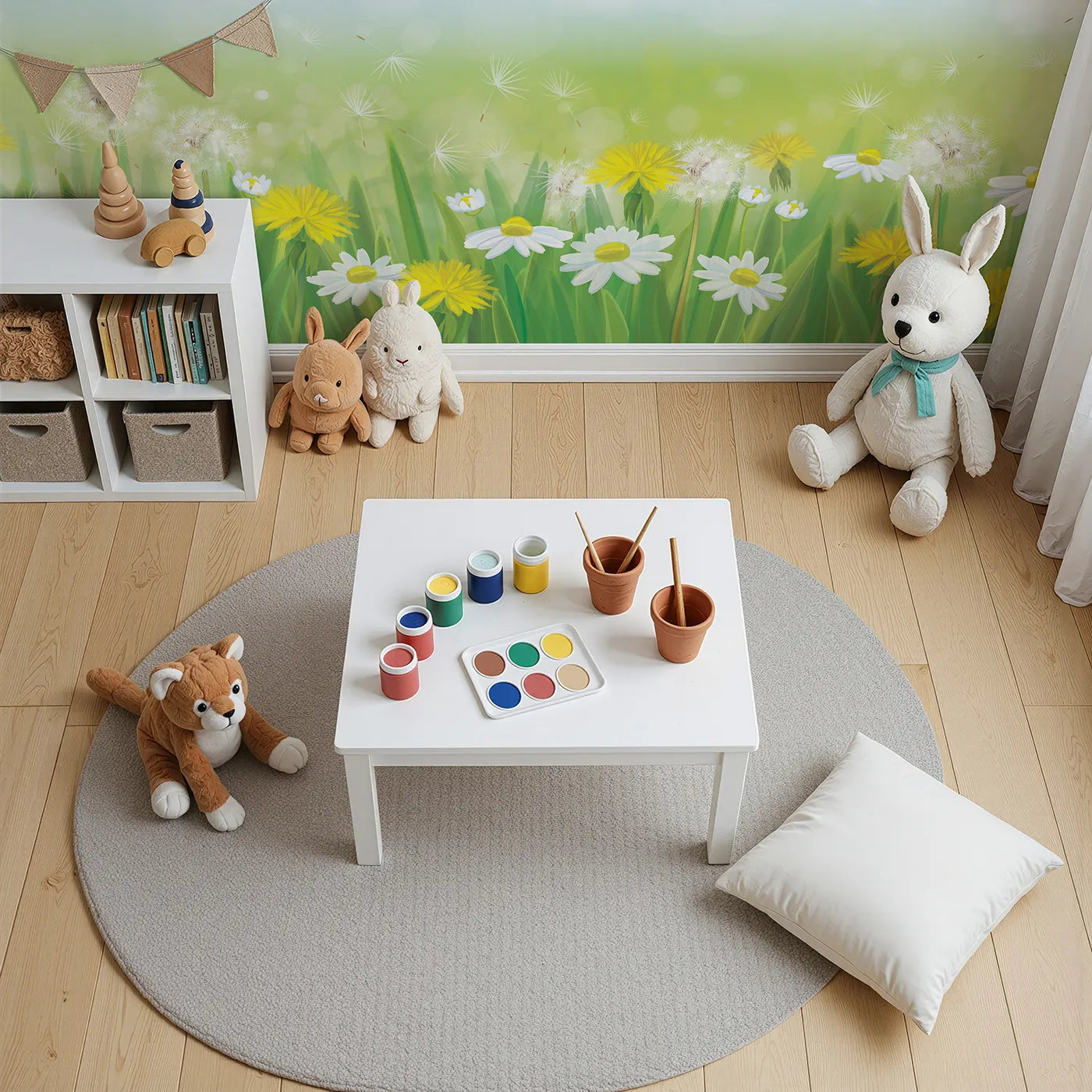 Top-down view of Whimsy Tots' Dandelion Meadow Wall Mural in Summer (Turn Their Room into a Field of Endless Sunshine).Gender-Neutral