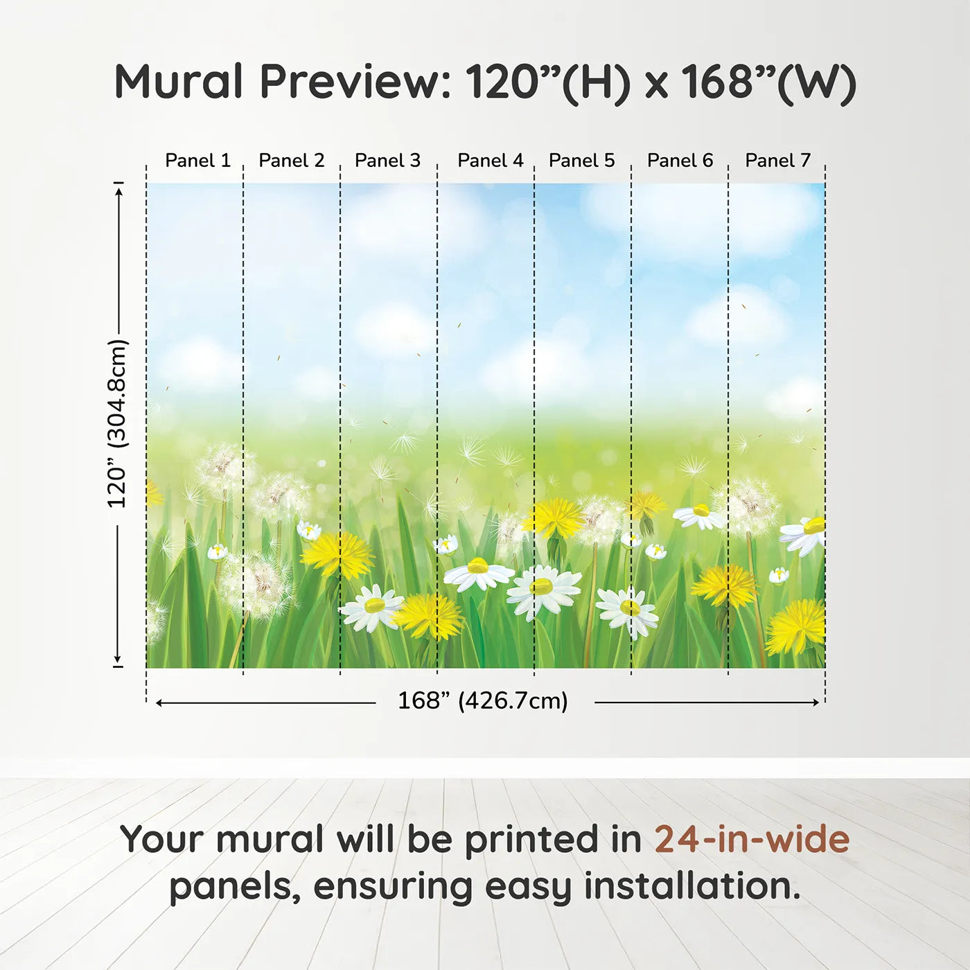 Whimsy Tots Dandelion Meadow Wall Mural in Summerdimension view (120" H x 168" W). Printed in seven 24-inch-wide panels. Gender-Neutral