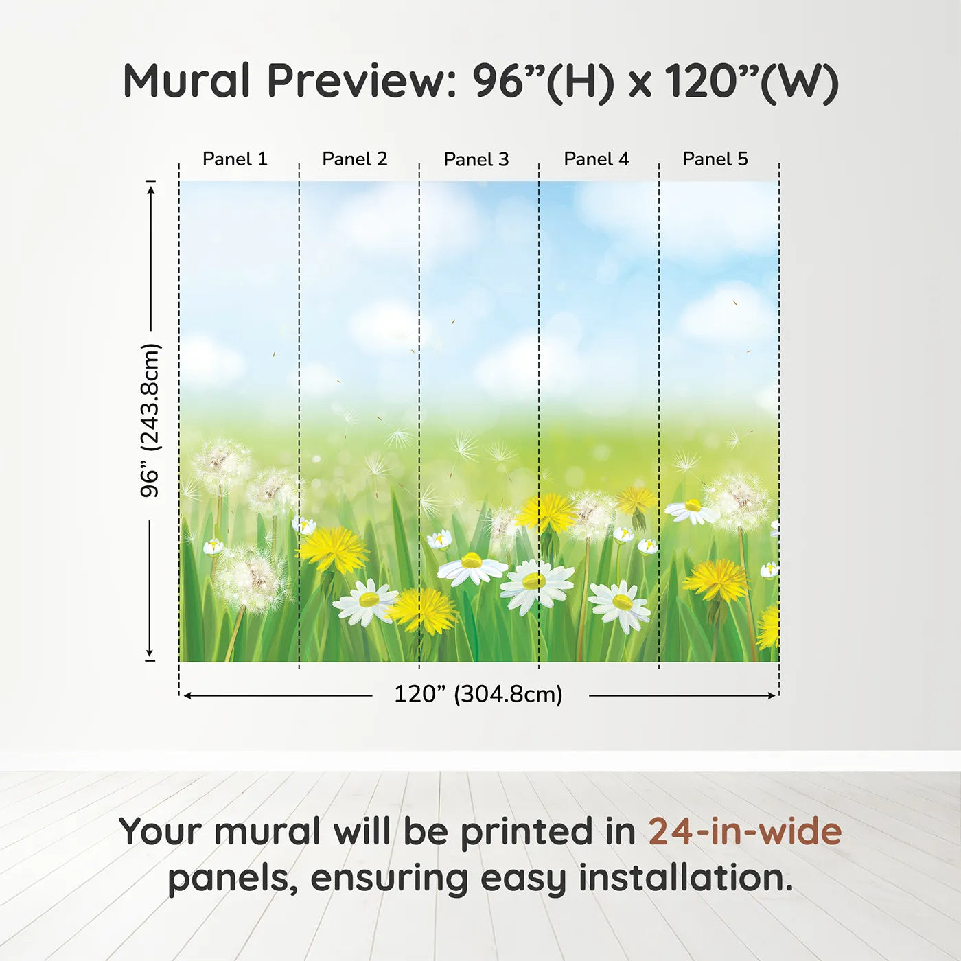 Whimsy Tots Dandelion Meadow Wall Mural in Summerdimension view (96" H x 120" W). Printed in five 24-inch-wide panels. Gender-Neutral