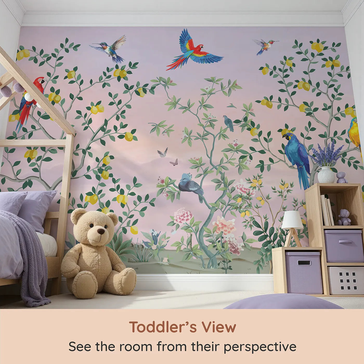 Whimsy Tots Parrot and Lemon Tree Garden Wall Mural (Turn Their Room into an Elegant, Hand-Painted Paradise) from your child's view.Gender-Neutral
