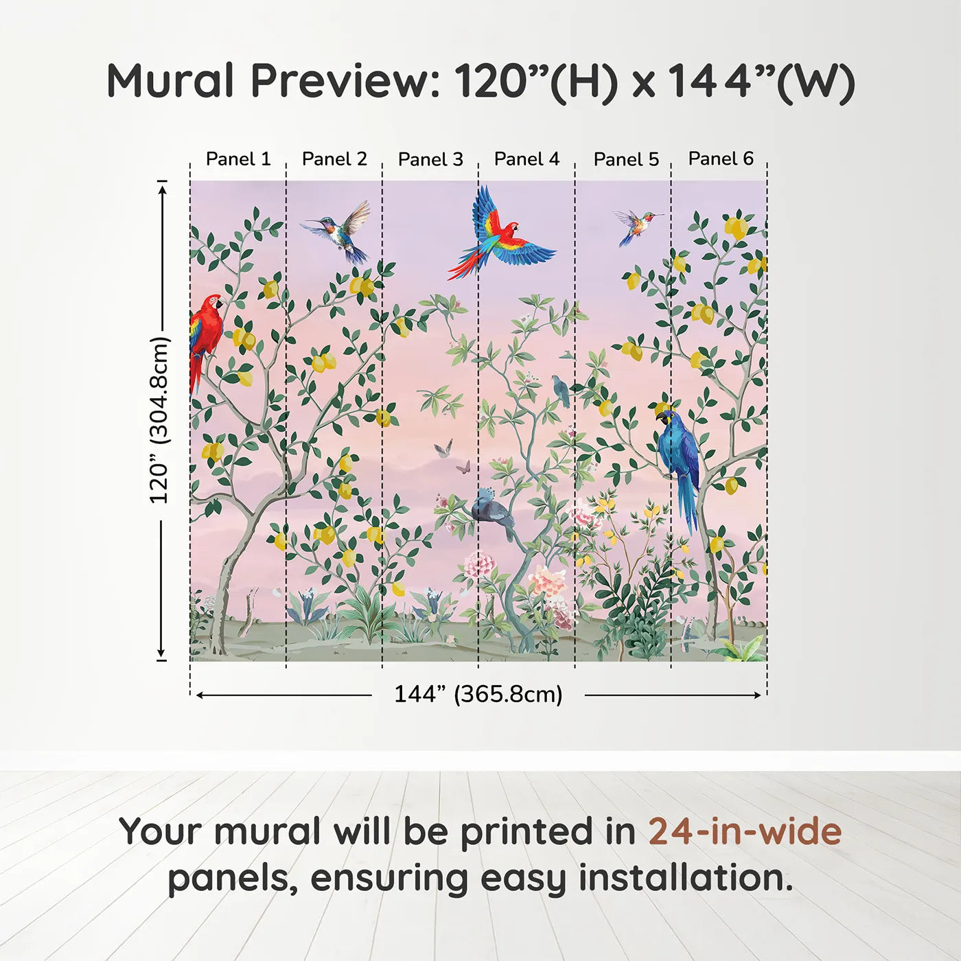 Whimsy Tots Parrot and Lemon Tree Garden Wall Muraldimension view (120" H x 144" W). Printed in six 24-inch-wide panels. Gender-Neutral