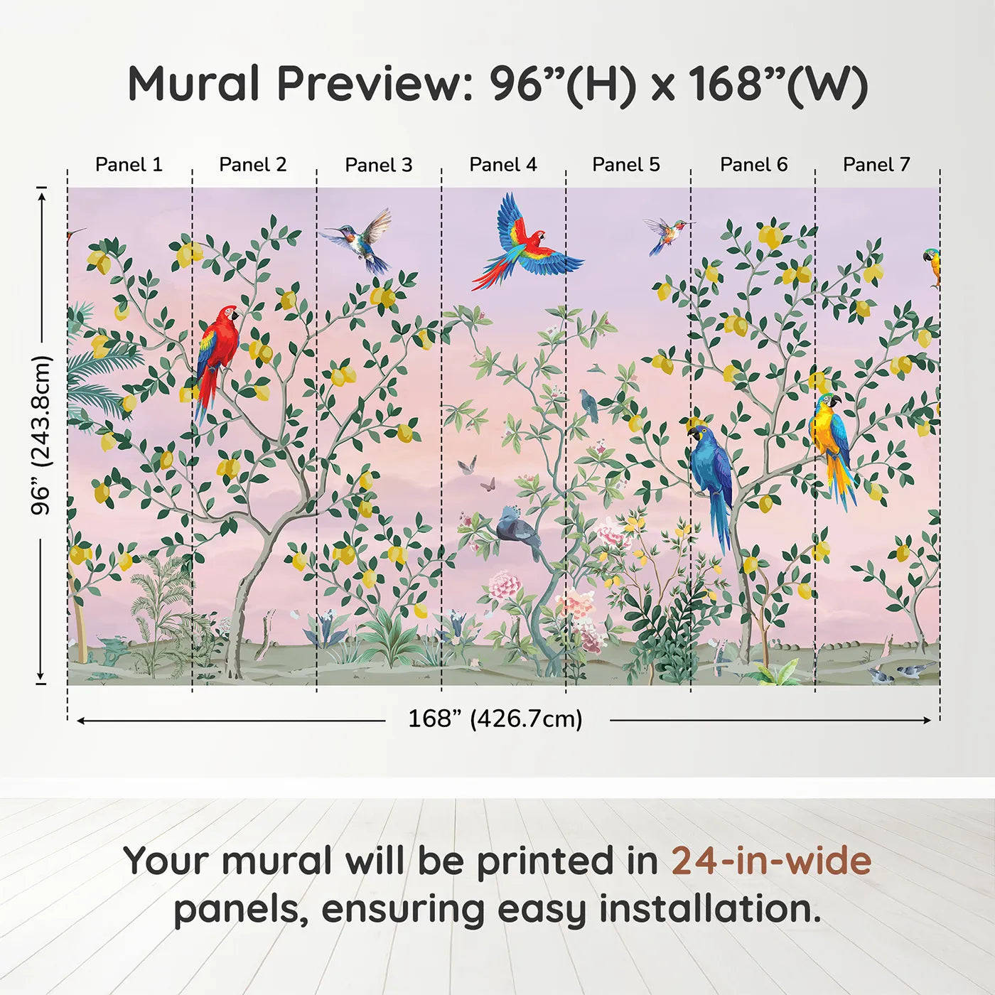 Whimsy Tots Parrot and Lemon Tree Garden Wall Muraldimension view (96" H x 168" W). Printed in seven 24-inch-wide panels. Gender-Neutral