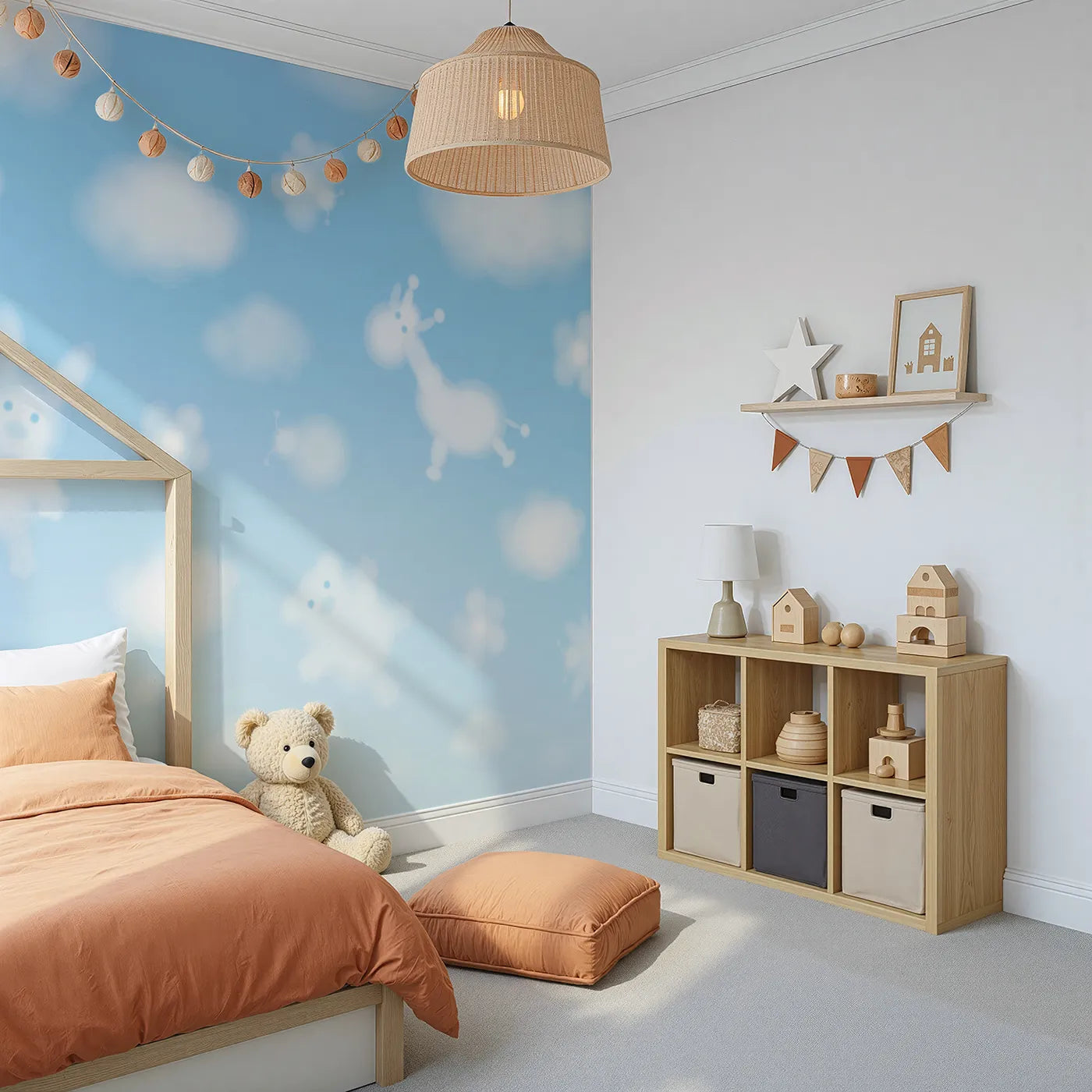 Angled view of Whimsy Tots' Animal Cloud Gazing Wall Mural (Turn Their Room into a Sky of Gentle, Dreamy Shapes).Gender-Neutral