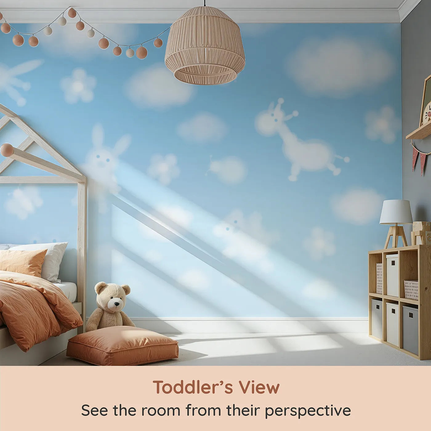 Whimsy Tots Animal Cloud Gazing Wall Mural (Turn Their Room into a Sky of Gentle, Dreamy Shapes) from your child's view.Gender-Neutral