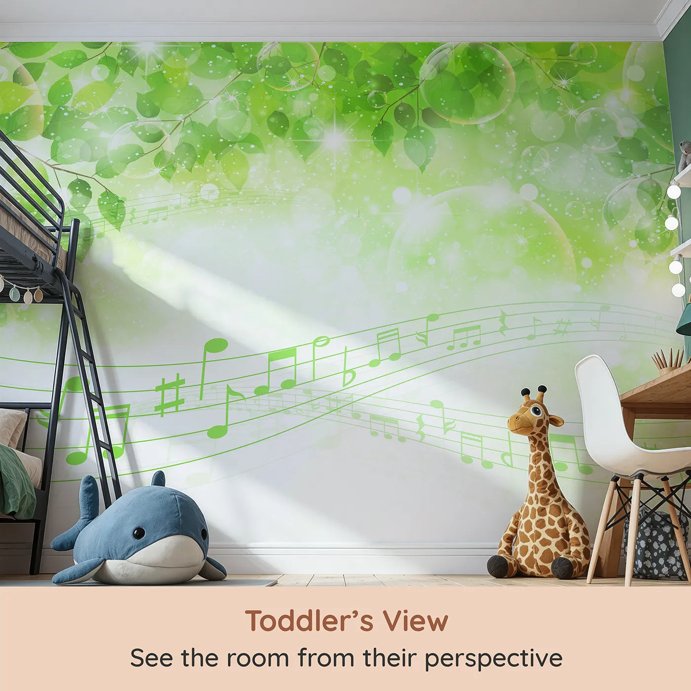 Whimsy Tots Sparkling Green Music Wall Mural (Turn Their Room into a Magical, Musical Forest) from your child's view.Gender-Neutral
