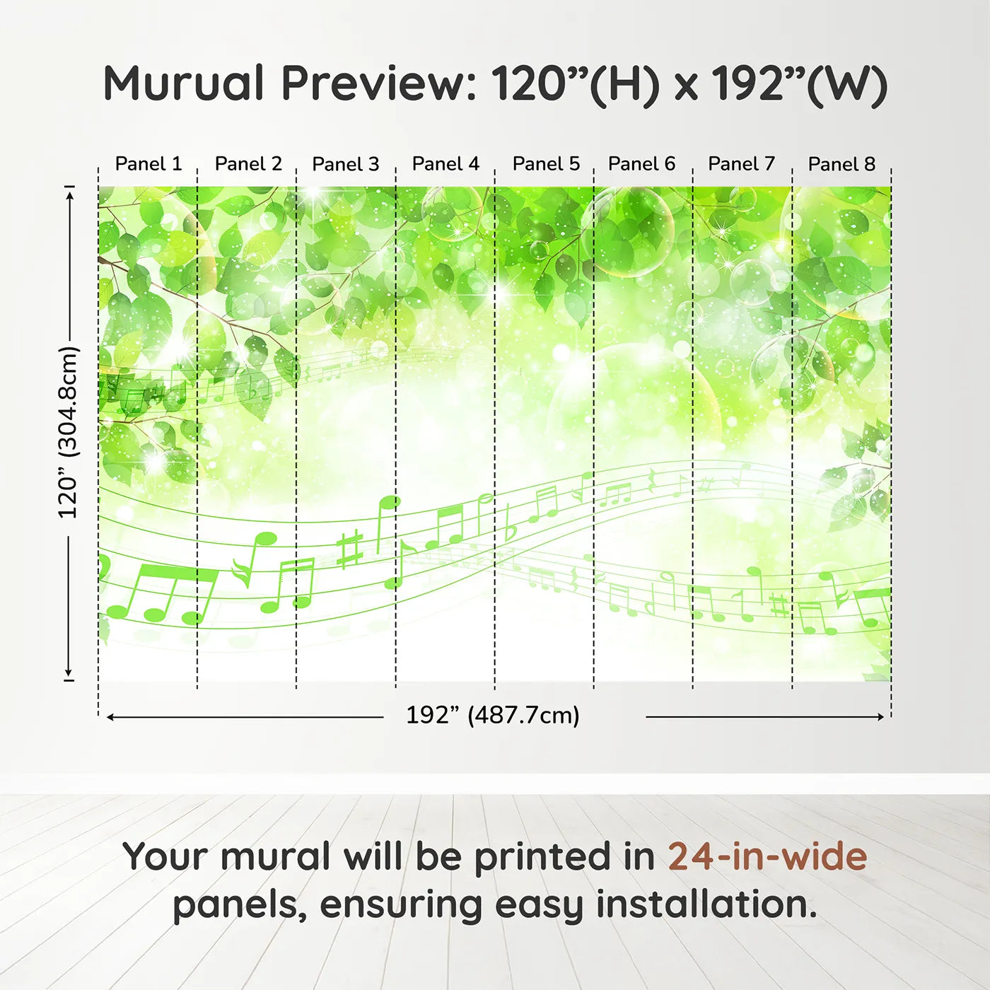 Whimsy Tots Sparkling Green Music Wall Muraldimension view (120" H x 192" W). Printed in eight 24-inch-wide panels. Gender-Neutral