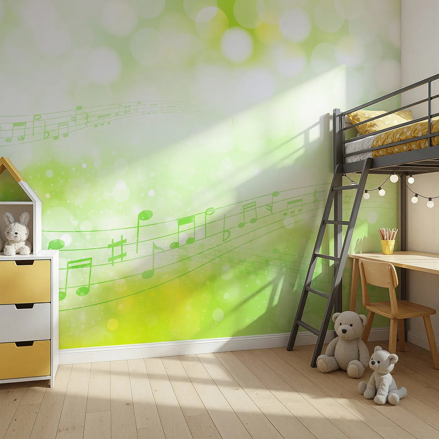 Angled view of Whimsy Tots' Green Music Meadow Wall Mural (Turn Their Room into a Gentle, Musical Breeze).Gender-Neutral