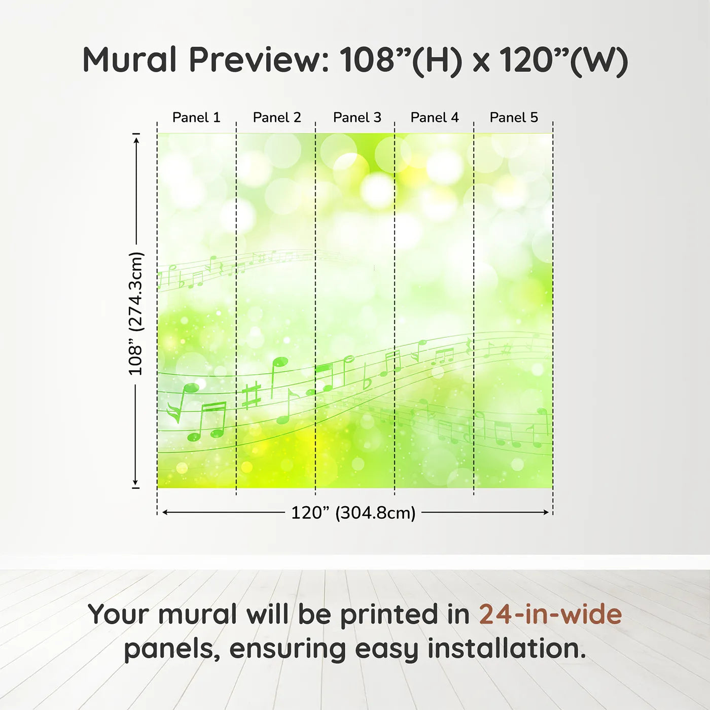 Whimsy Tots Green Music Meadow Wall Muraldimension view (108" H x 120" W). Printed in five 24-inch-wide panels. Gender-Neutral