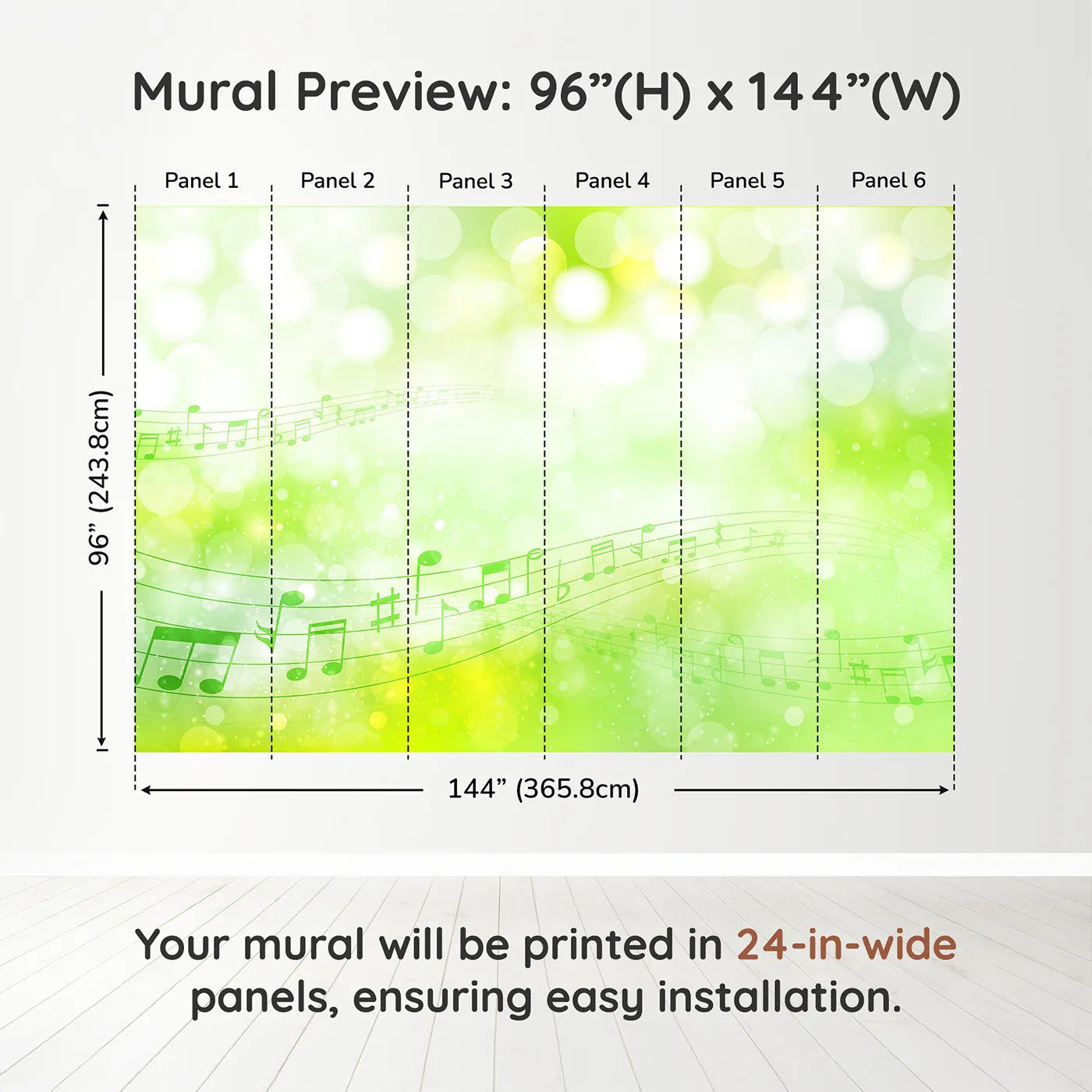 Whimsy Tots Green Music Meadow Wall Muraldimension view (96" H x 144" W). Printed in six 24-inch-wide panels. Gender-Neutral