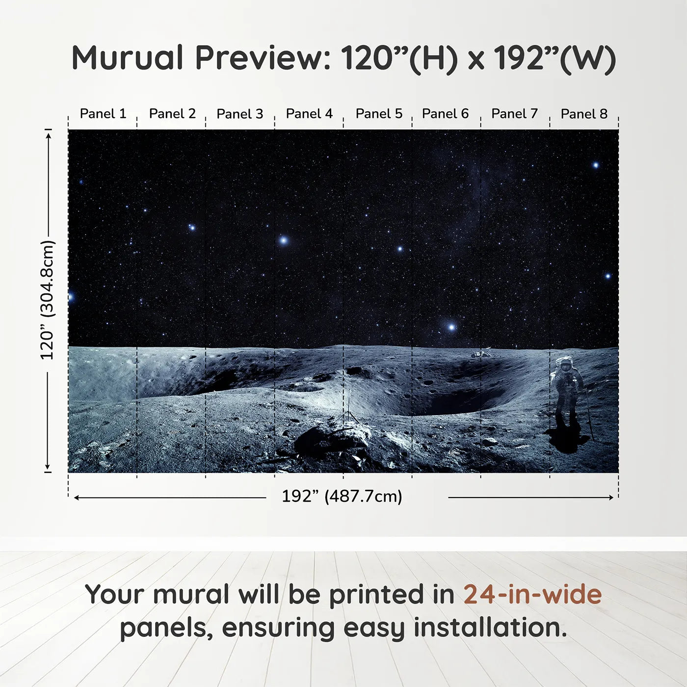 Whimsy Tots Astronaut on the Moon Wall Muraldimension view (120" H x 192" W). Printed in eight 24-inch-wide panels. Gender-Neutral