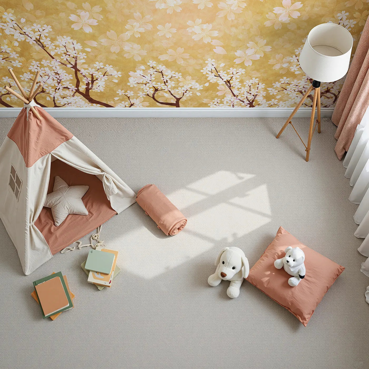 Top-down view of Whimsy Tots' Golden Blossom Wall Mural (Turn Their Room into a Garden of Gentle, Golden Beauty).Gender-Neutral