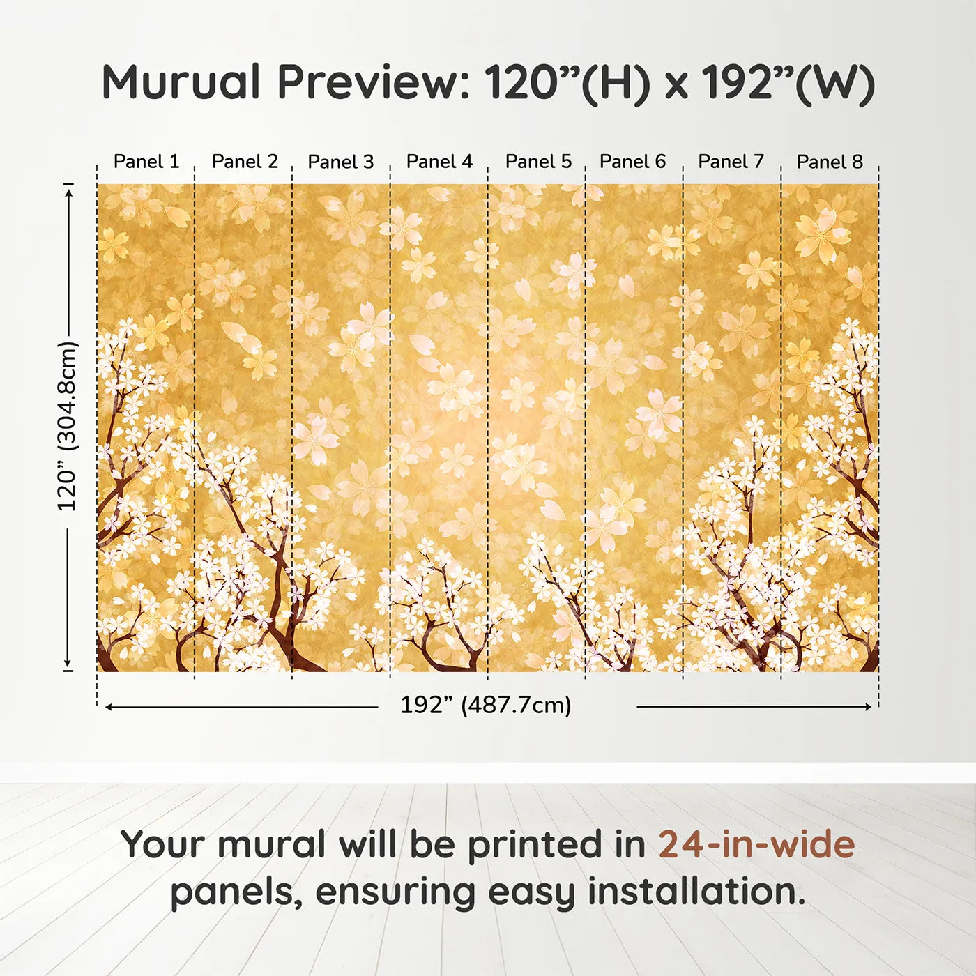 Whimsy Tots Golden Blossom Wall Muraldimension view (120" H x 192" W). Printed in eight 24-inch-wide panels. Gender-Neutral