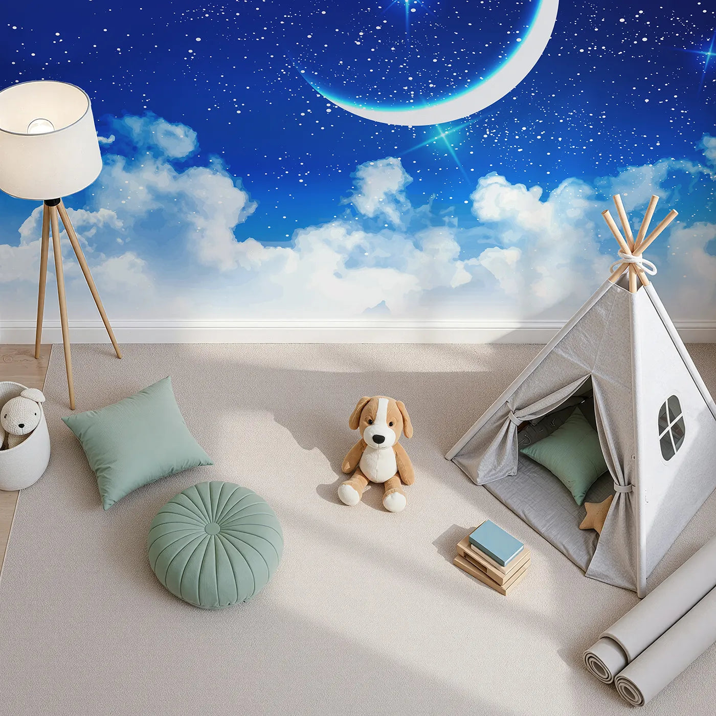 Top-down view of Whimsy Tots' Starry Night Sky Wall Mural (Turn Their Room into a Breathtaking, Star-Filled Dream).Gender-Neutral