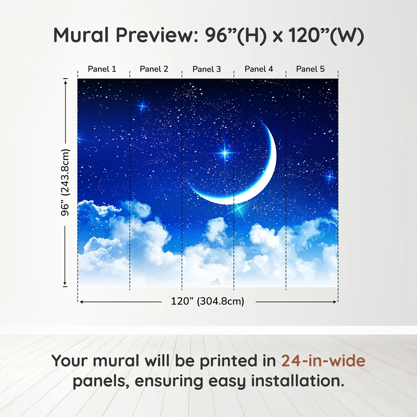Whimsy Tots Starry Night Sky Wall Muraldimension view (96" H x 120" W). Printed in five 24-inch-wide panels. Gender-Neutral
