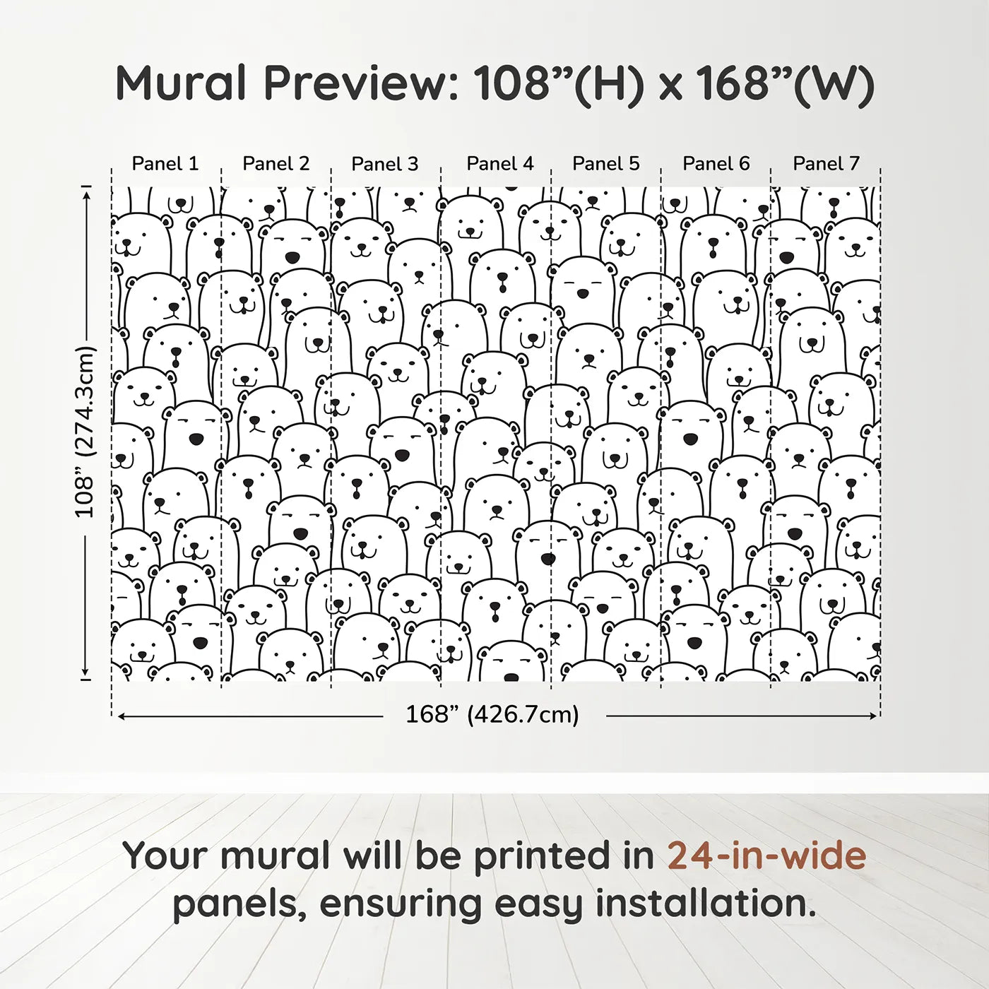Whimsy Tots Polar Bear Doodle Wall Muraldimension view (108" H x 168" W). Printed in seven 24-inch-wide panels. Gender-Neutral