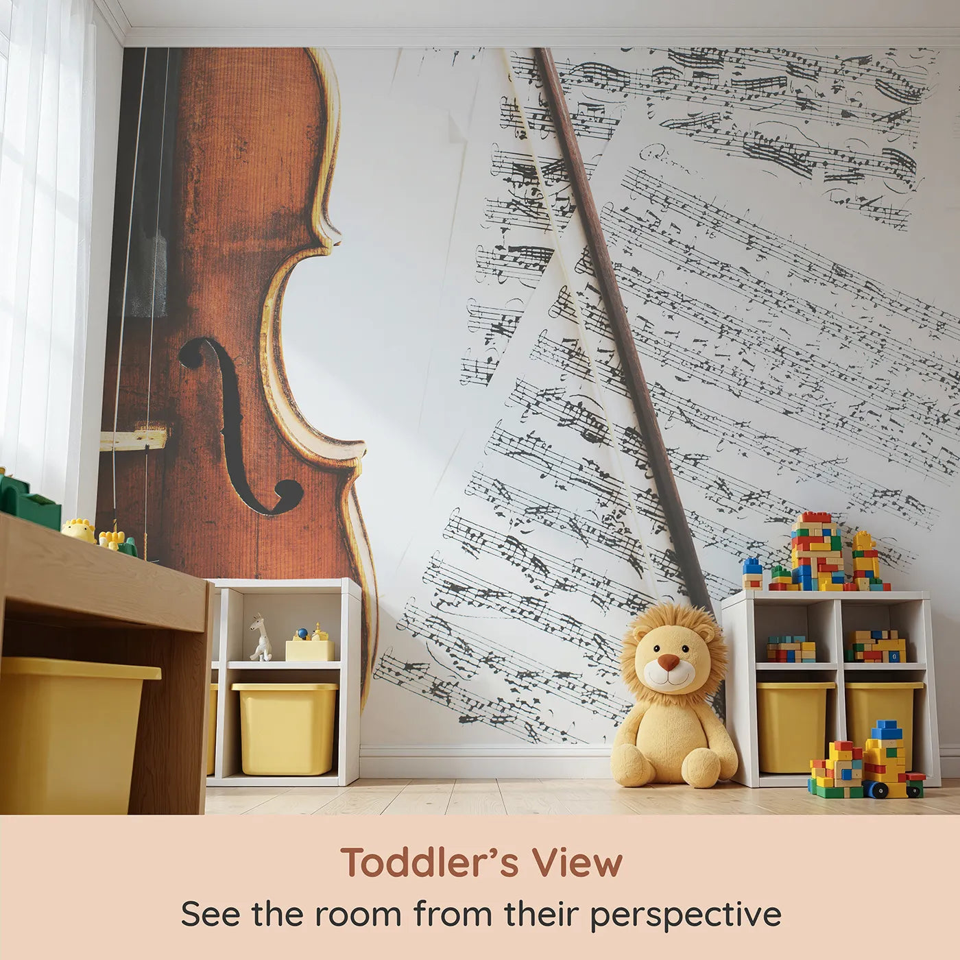 Whimsy Tots Vintage Violin Wall Mural (Turn Their Room into a Classic, Musical Masterpiece) from your child's view.Gender-Neutral