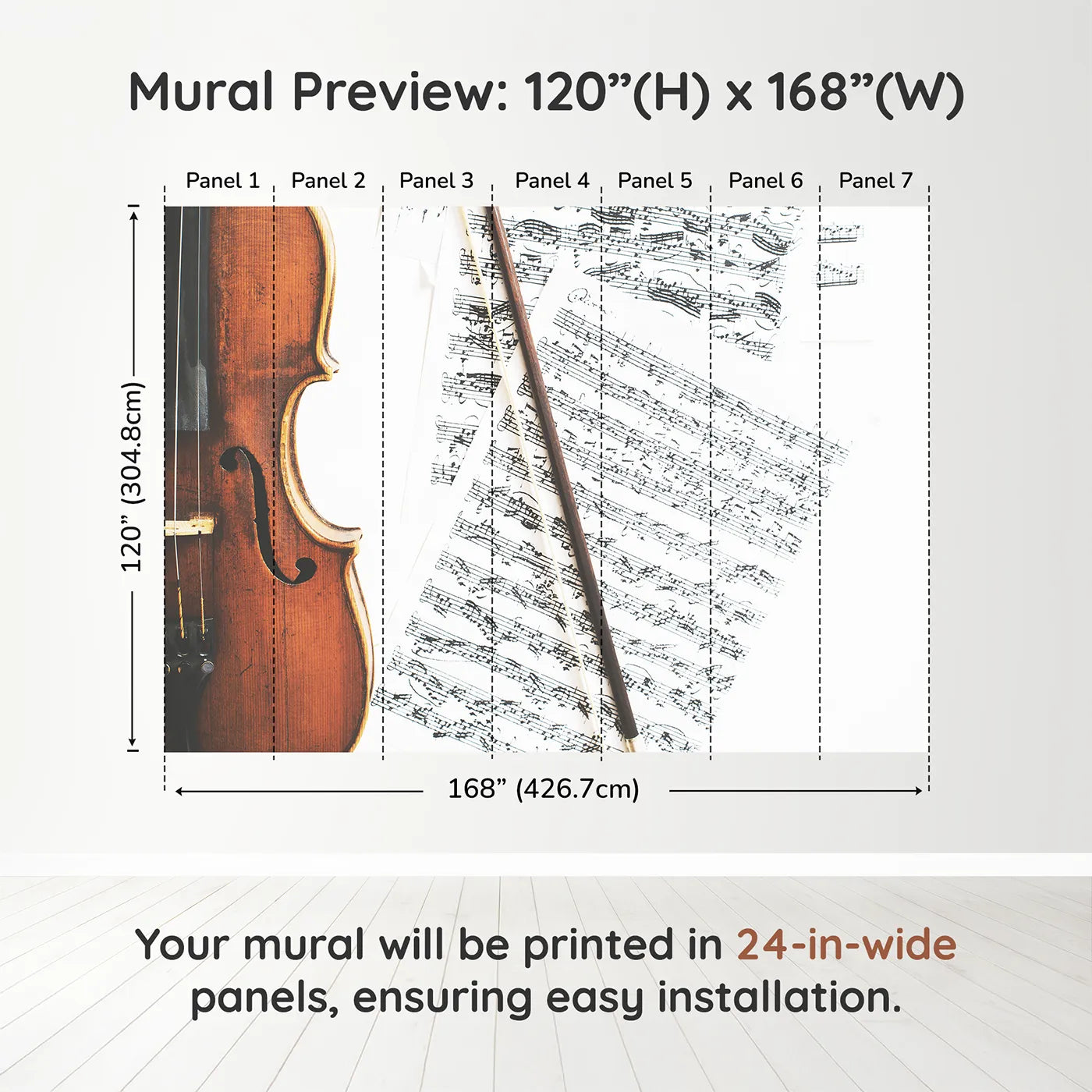 Whimsy Tots Vintage Violin Wall Muraldimension view (120" H x 168" W). Printed in seven 24-inch-wide panels. Gender-Neutral