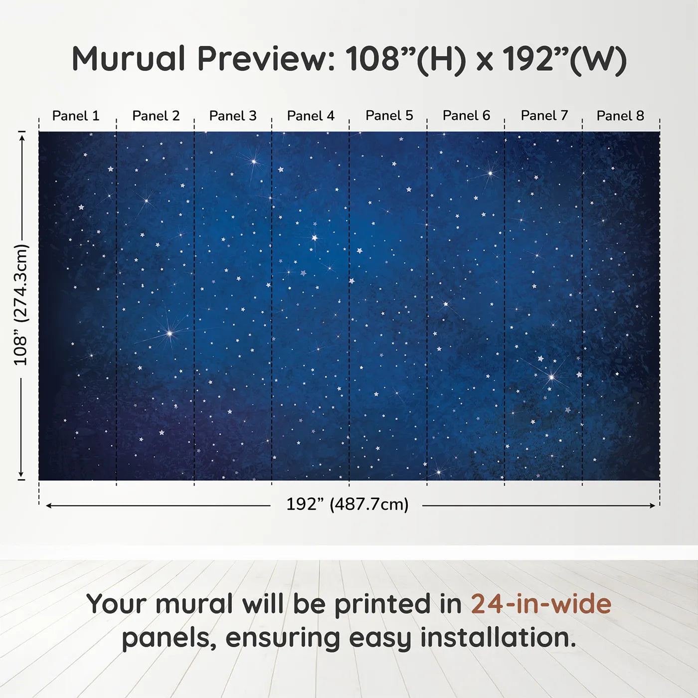 Whimsy Tots Deep Space Wall Muraldimension view (108" H x 192" W). Printed in eight 24-inch-wide panels. Gender-Neutral